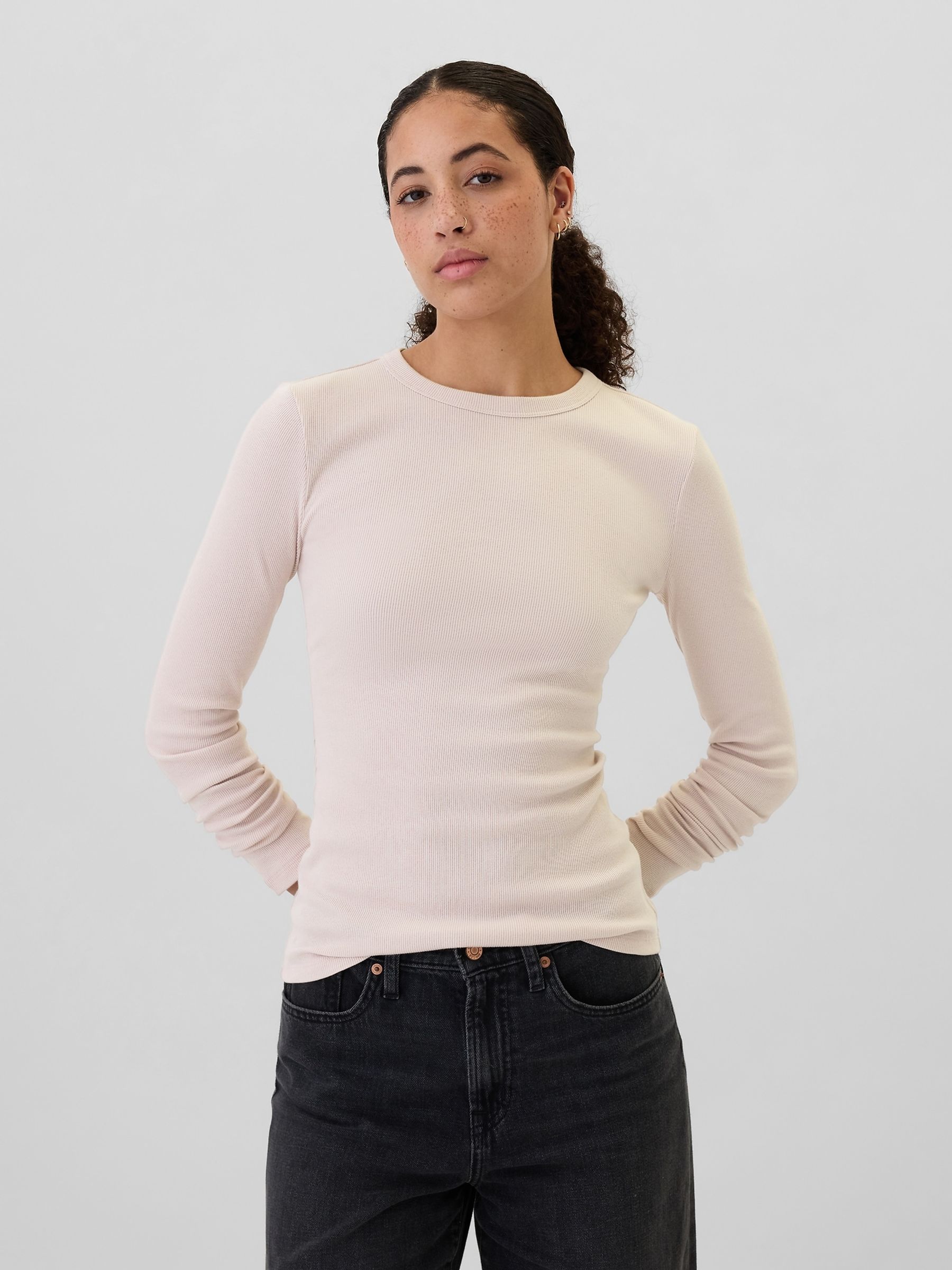 Pink Ribbed Long Sleeve Crew Neck T-Shirt - Image 1 of 5