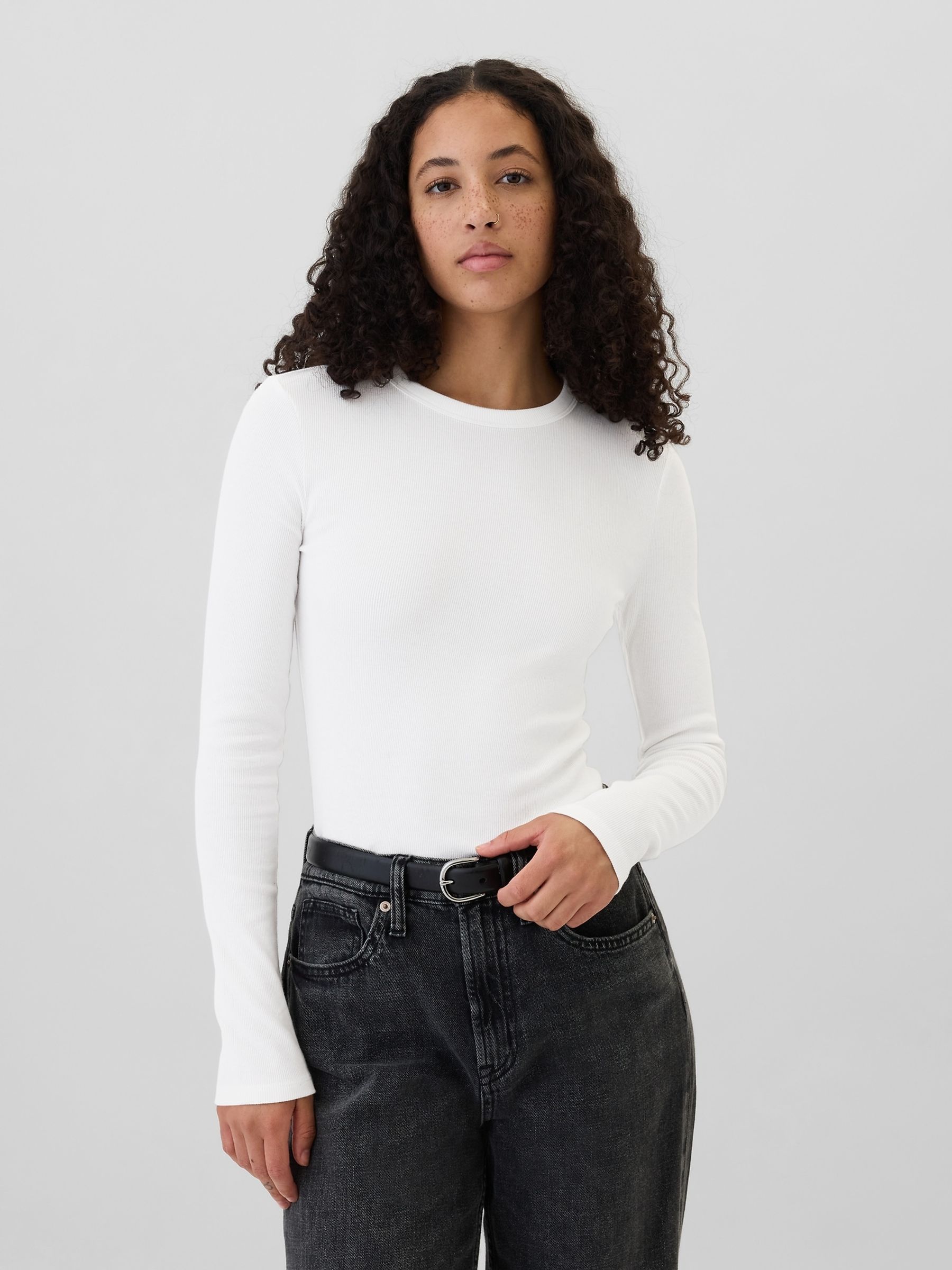 White Ribbed Long Sleeve Crew Neck T-Shirt - Image 1 of 5