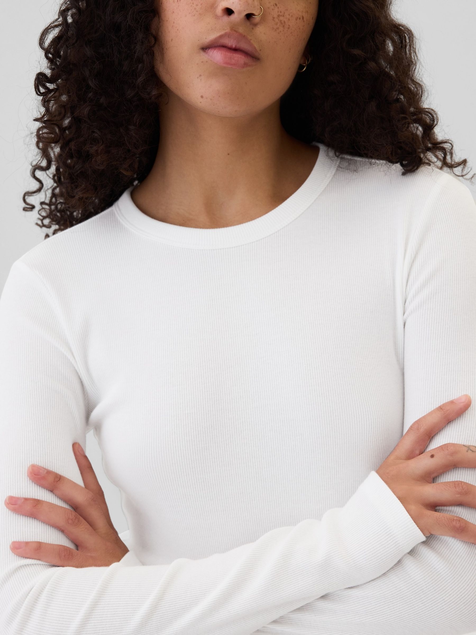 White Ribbed Long Sleeve Crew Neck T-Shirt - Image 4 of 5