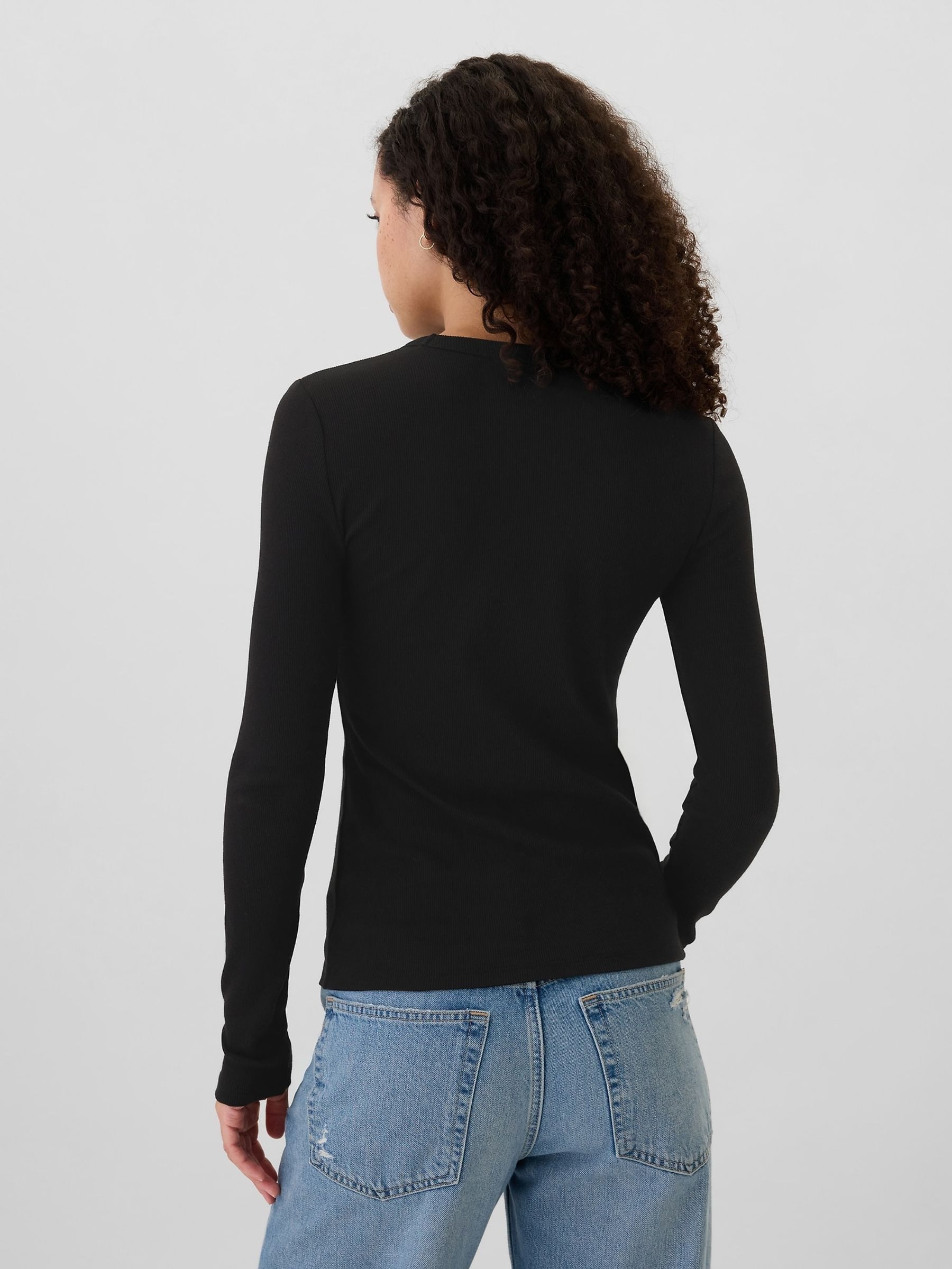 Black Ribbed Long Sleeve Crew Neck T-Shirt - Image 2 of 5