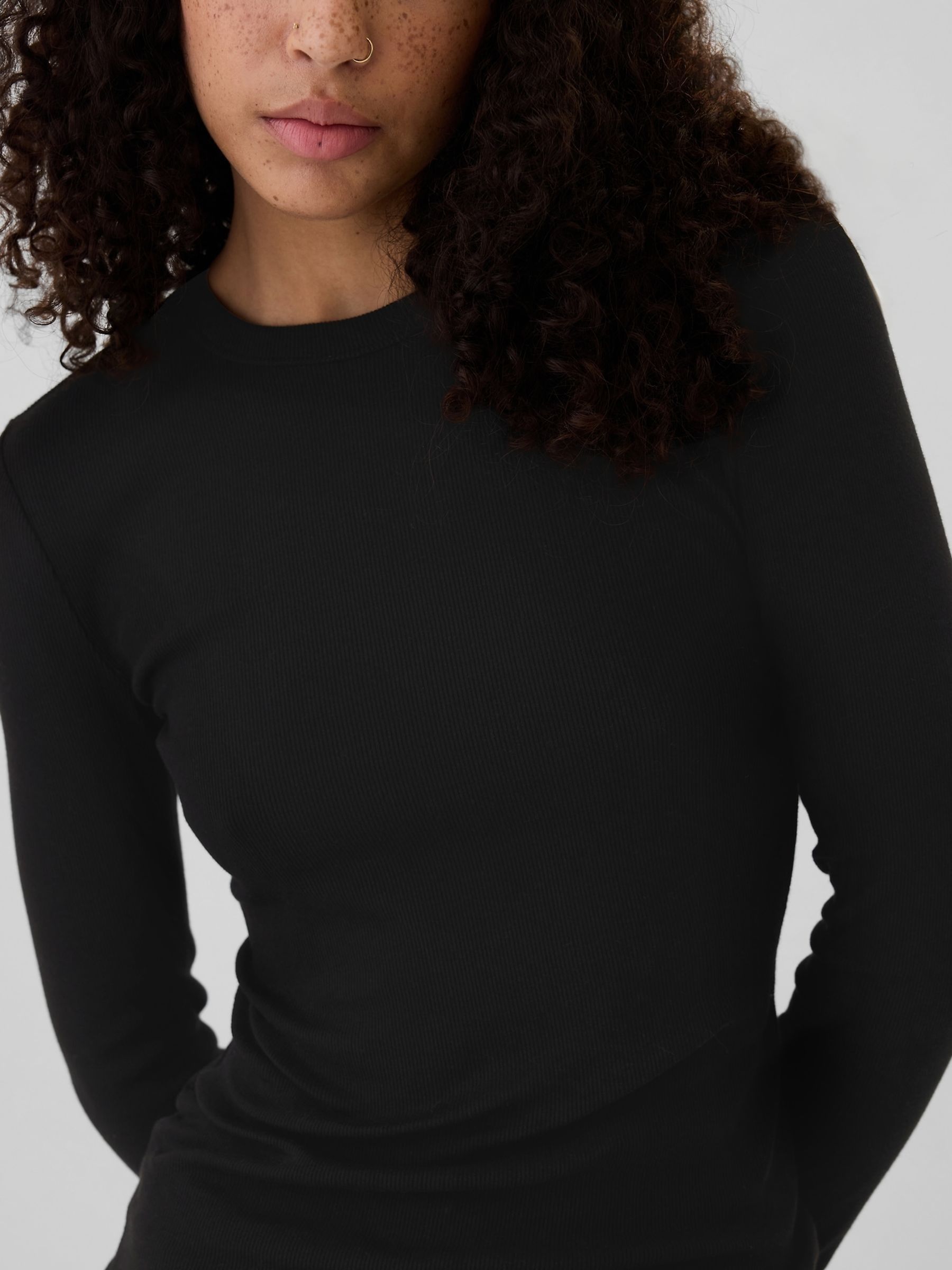 Black Ribbed Long Sleeve Crew Neck T-Shirt - Image 4 of 5