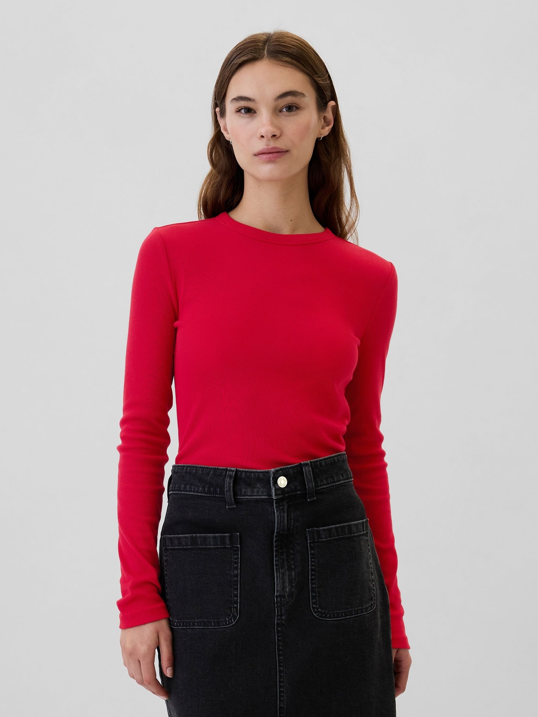 Red Ribbed Long Sleeve Crew Neck T-Shirt - Image 1 of 5