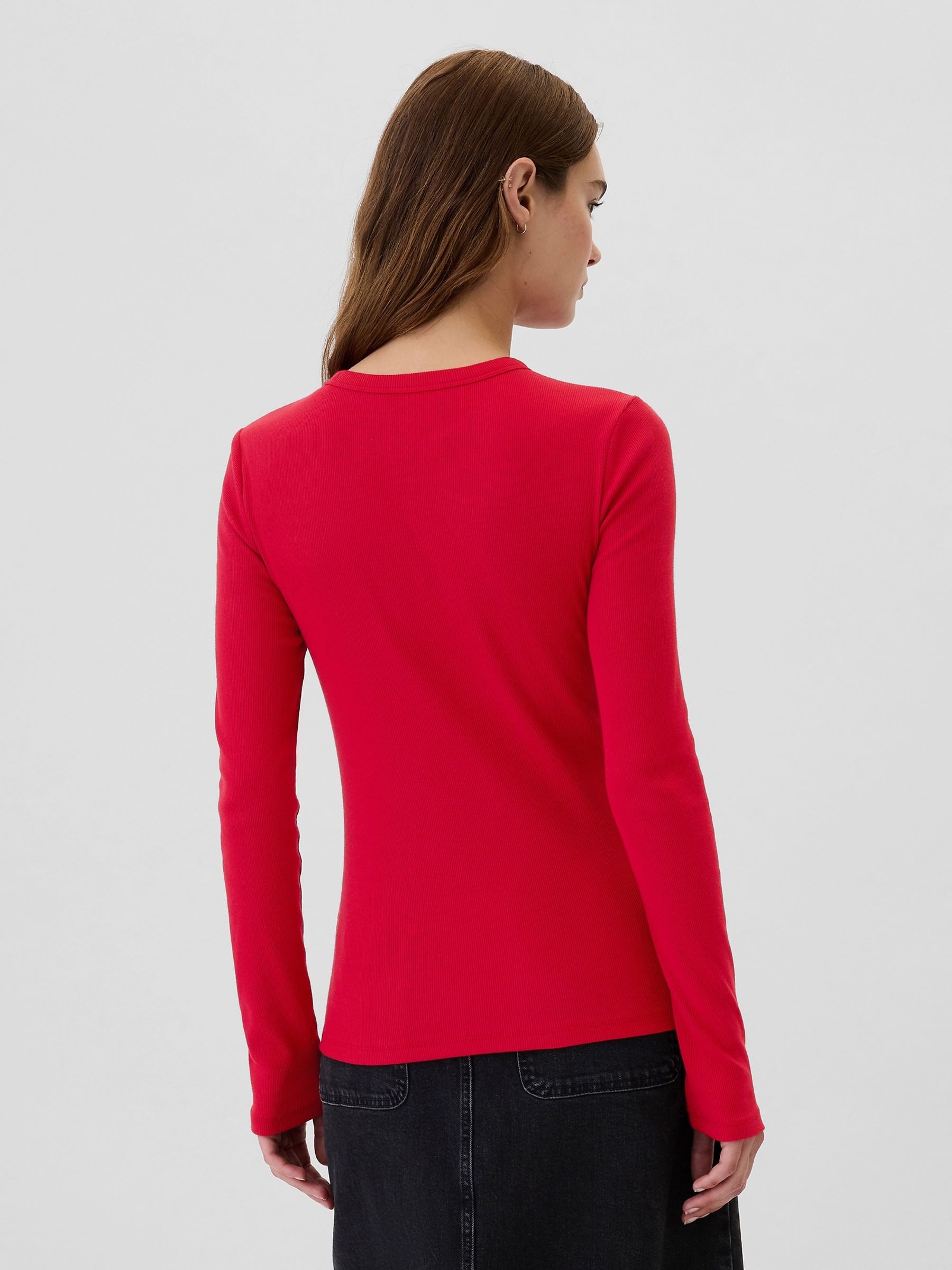 Red Ribbed Long Sleeve Crew Neck T-Shirt - Image 2 of 5