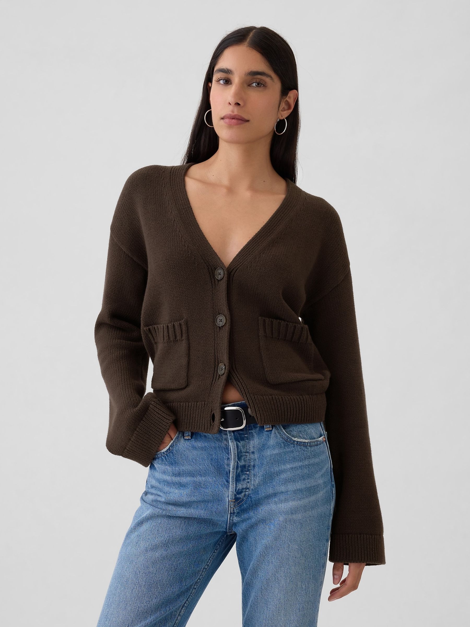 Brown V-Neck Pocket Cardigan - Image 1 of 5