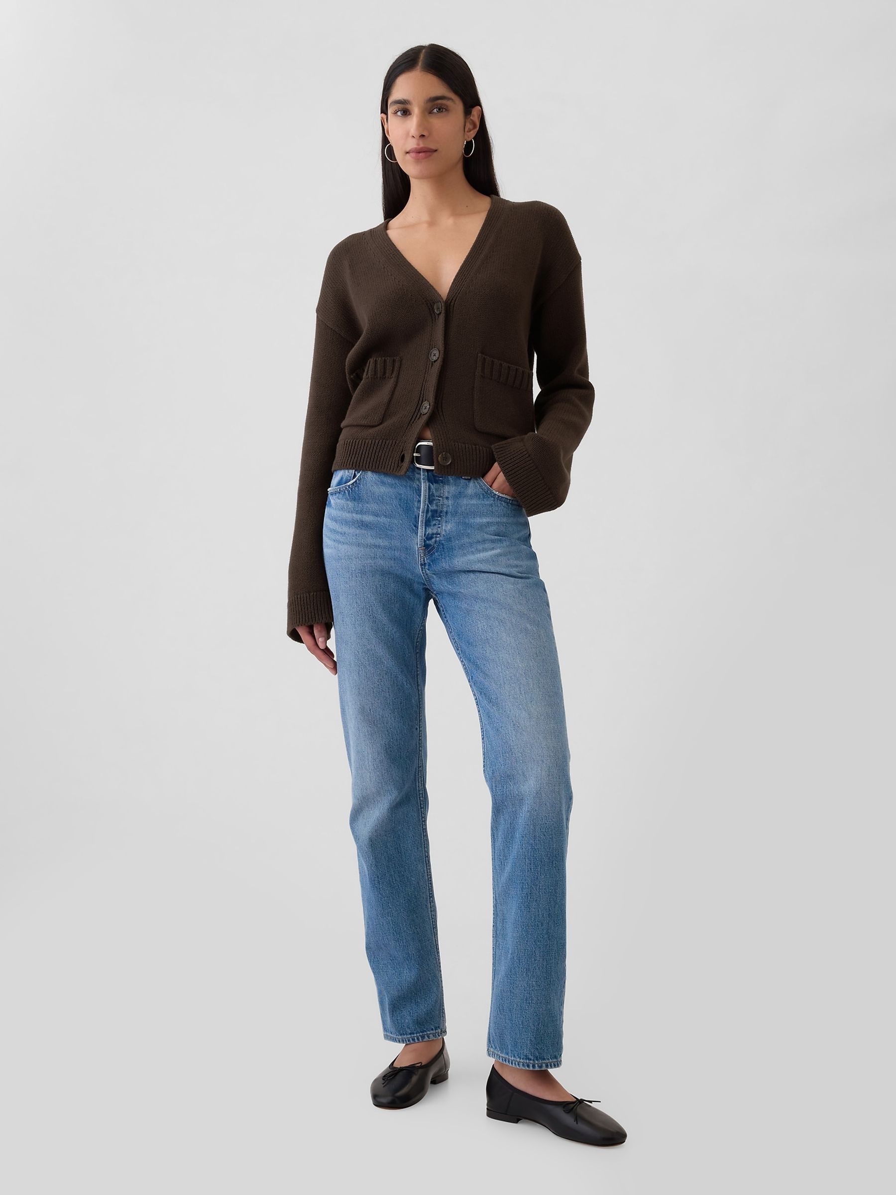 Brown V-Neck Pocket Cardigan - Image 3 of 5