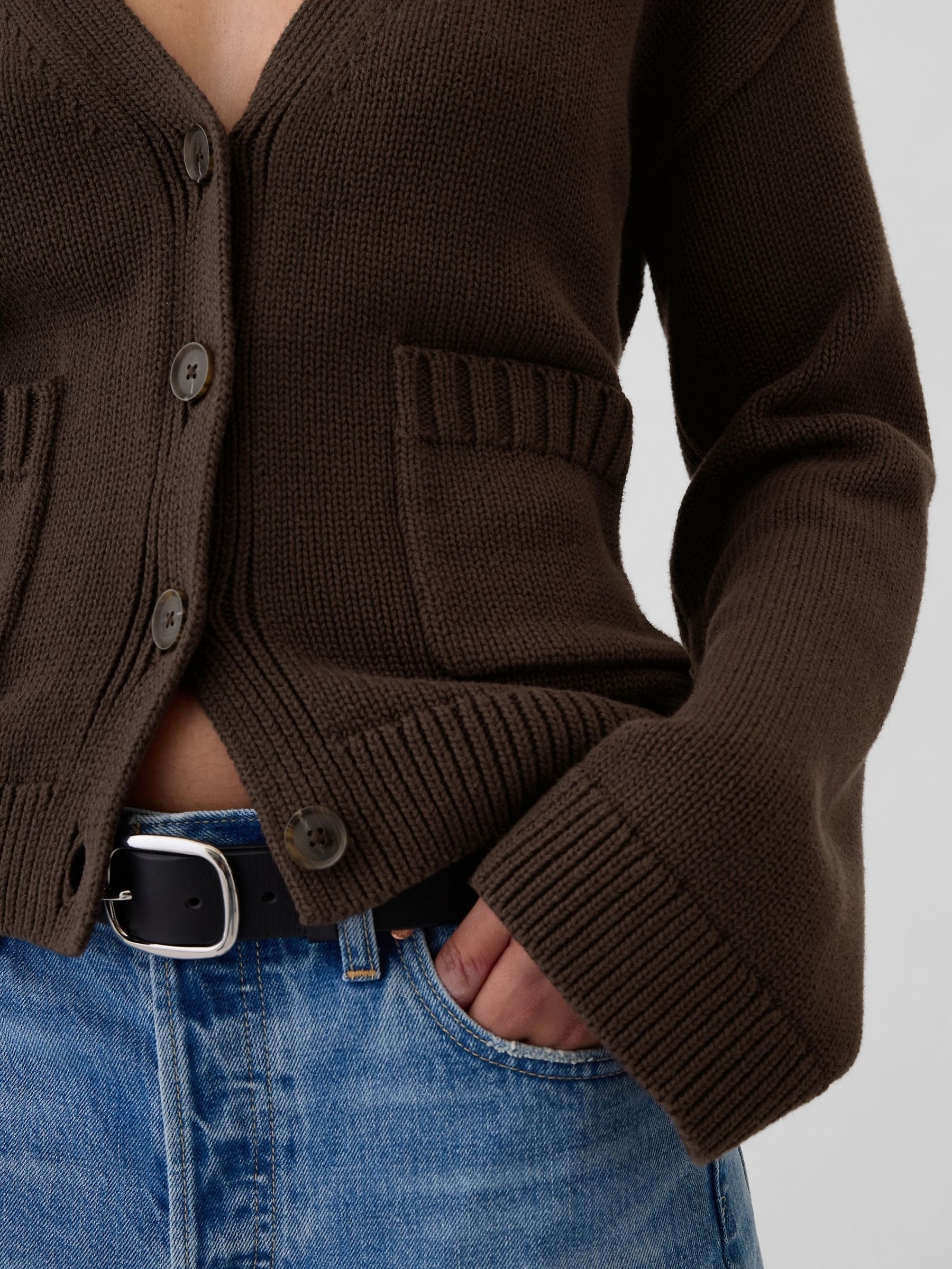 Brown V-Neck Pocket Cardigan - Image 4 of 5