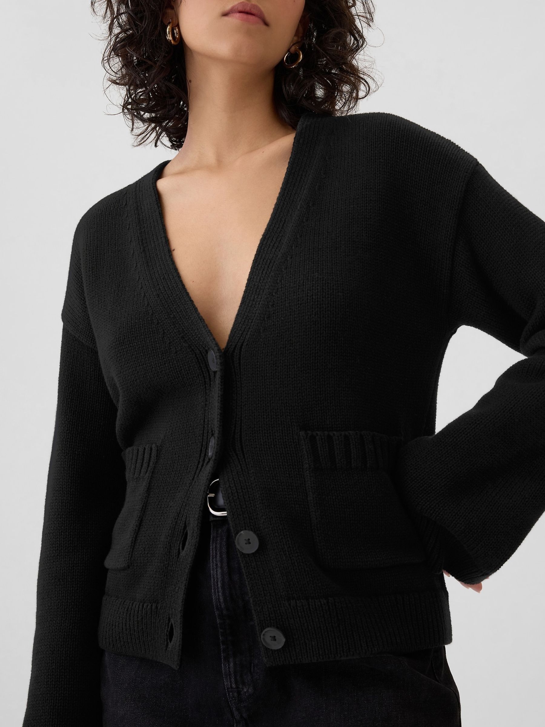 Black V-Neck Pocket Cardigan - Image 4 of 5