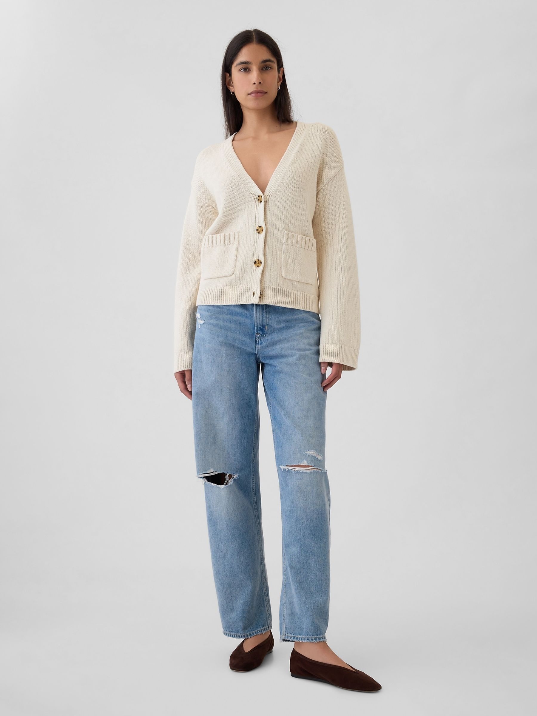Beige V-Neck Pocket Cardigan - Image 3 of 5