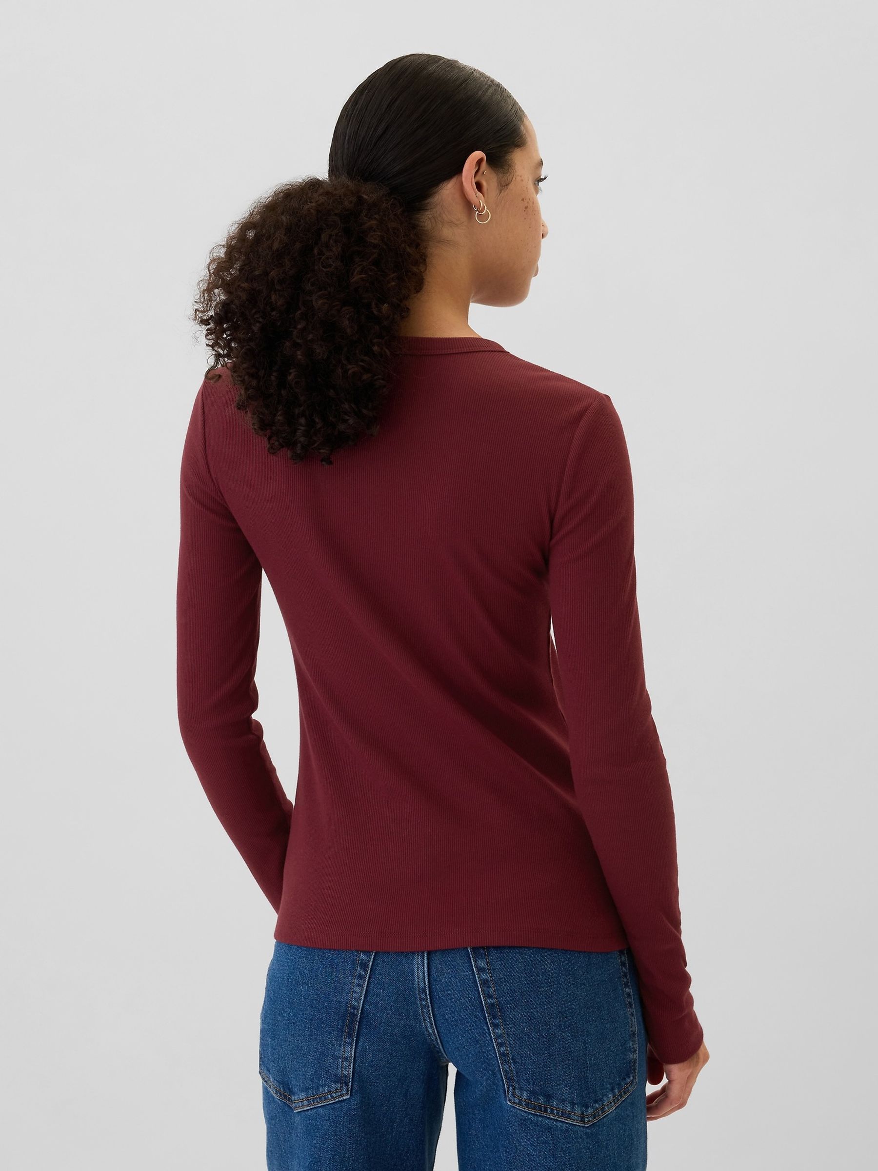 Burgundy Red Ribbed Long Sleeve Crew Neck T-Shirt - Image 2 of 5