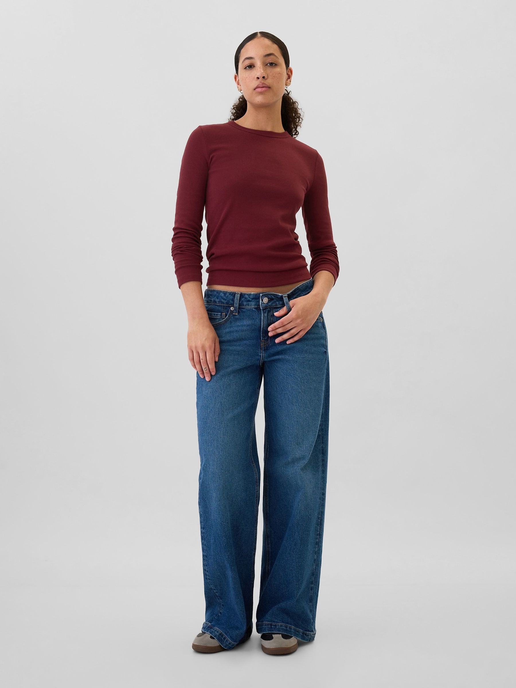 Burgundy Red Ribbed Long Sleeve Crew Neck T-Shirt - Image 3 of 5