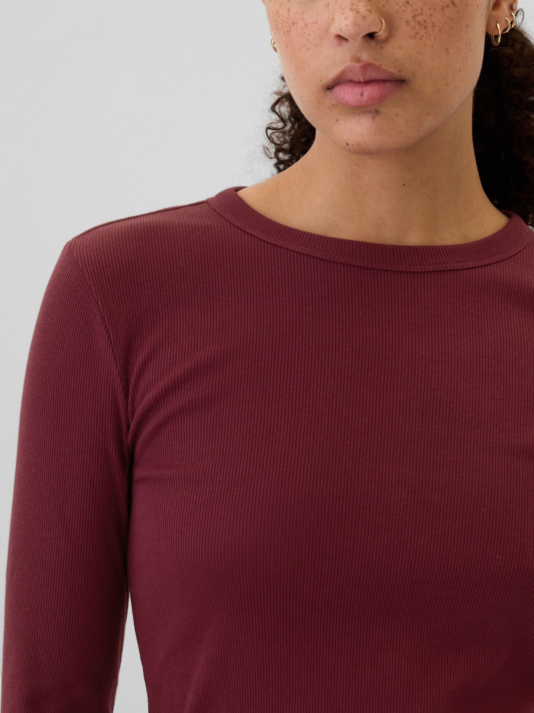 Burgundy Red Ribbed Long Sleeve Crew Neck T-Shirt - Image 4 of 5