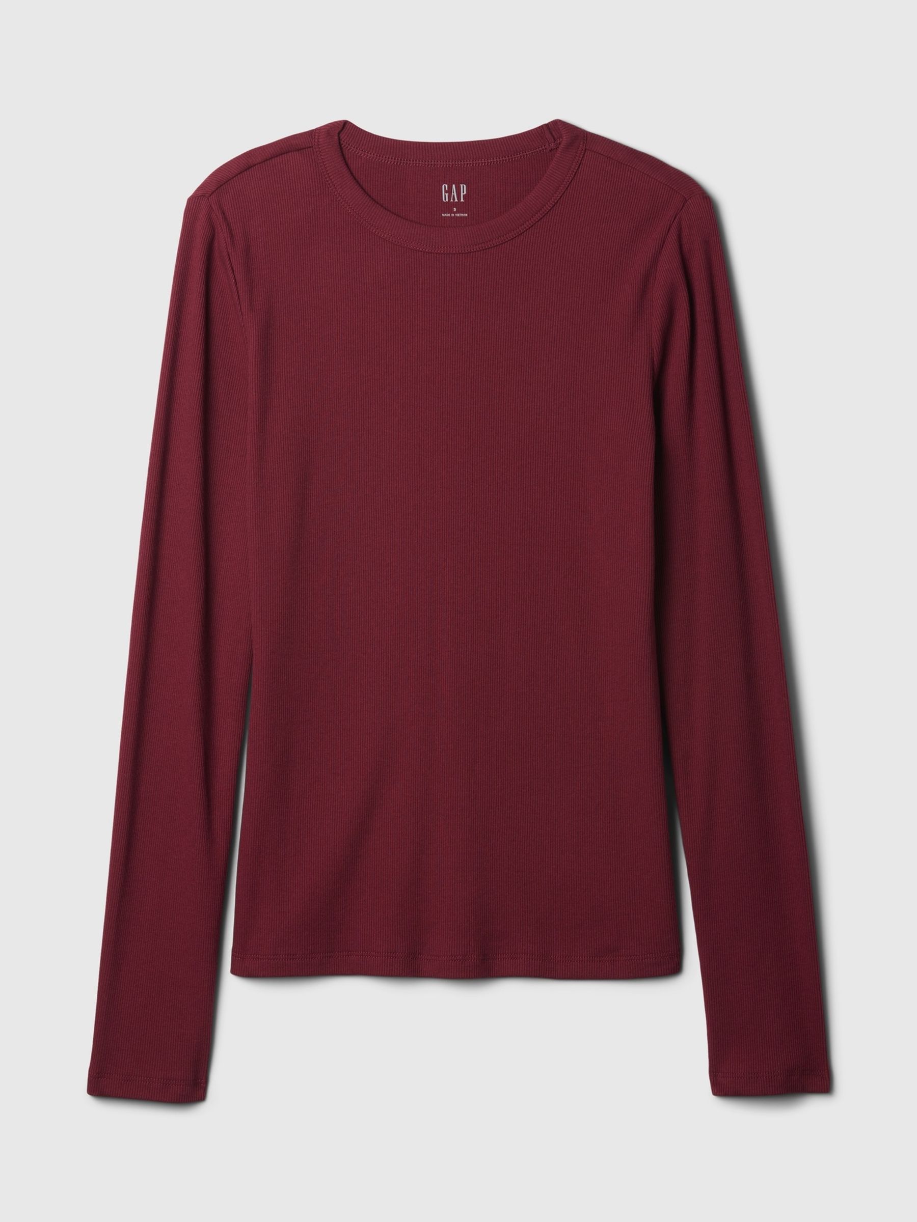 Burgundy Red Ribbed Long Sleeve Crew Neck T-Shirt - Image 5 of 5