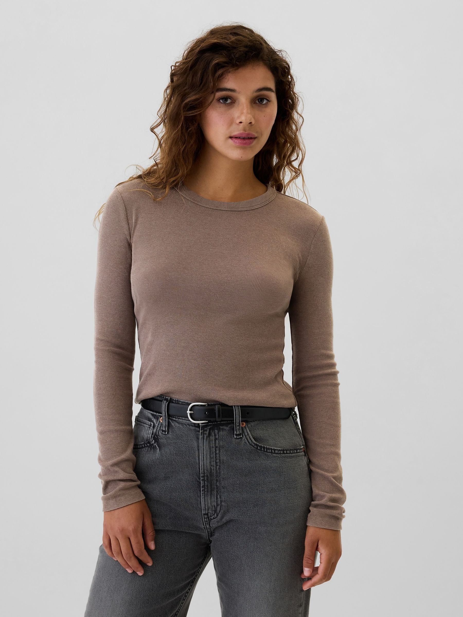 Brown Ribbed Long Sleeve Crew Neck T-Shirt - Image 1 of 5