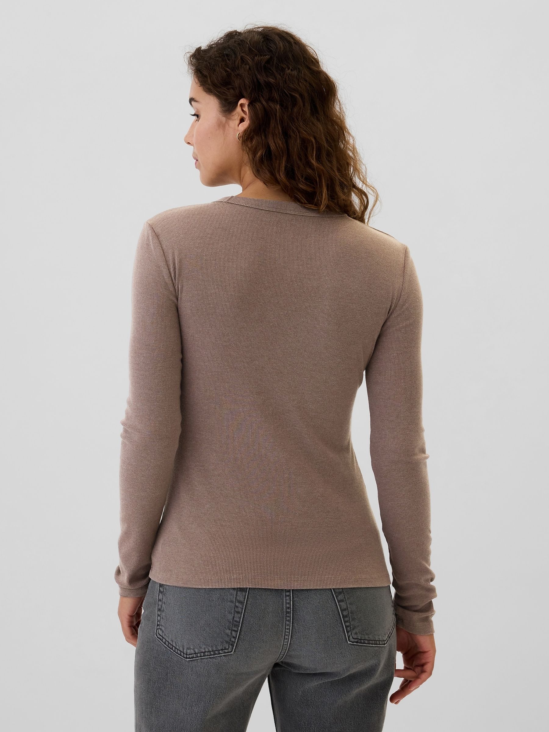 Brown Ribbed Long Sleeve Crew Neck T-Shirt - Image 2 of 5