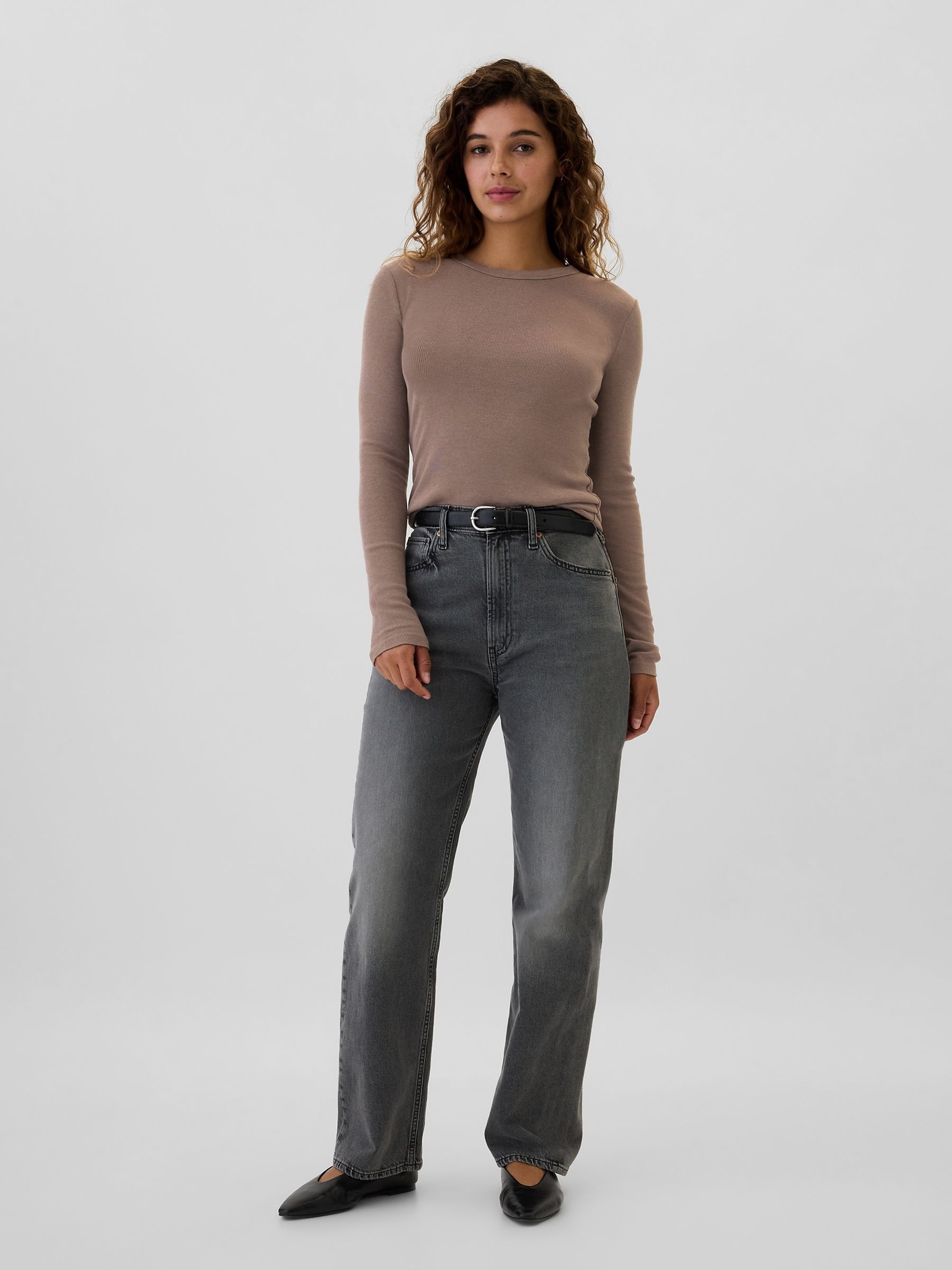 Brown Ribbed Long Sleeve Crew Neck T-Shirt - Image 3 of 5