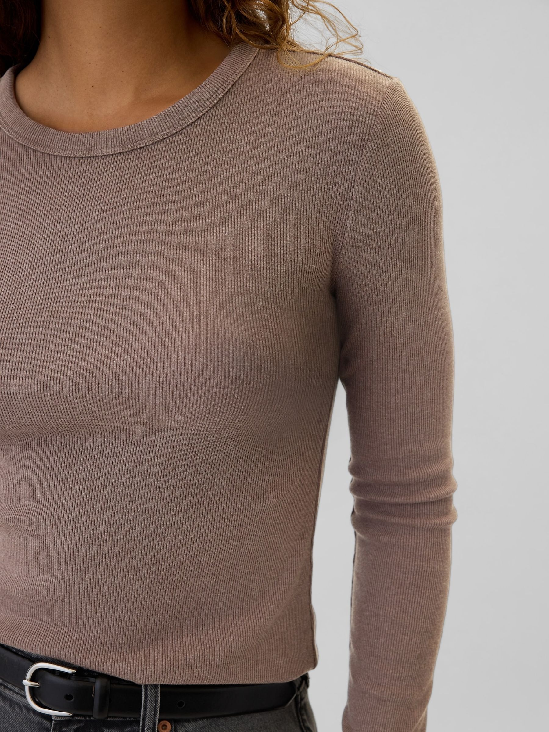 Brown Ribbed Long Sleeve Crew Neck T-Shirt - Image 4 of 5