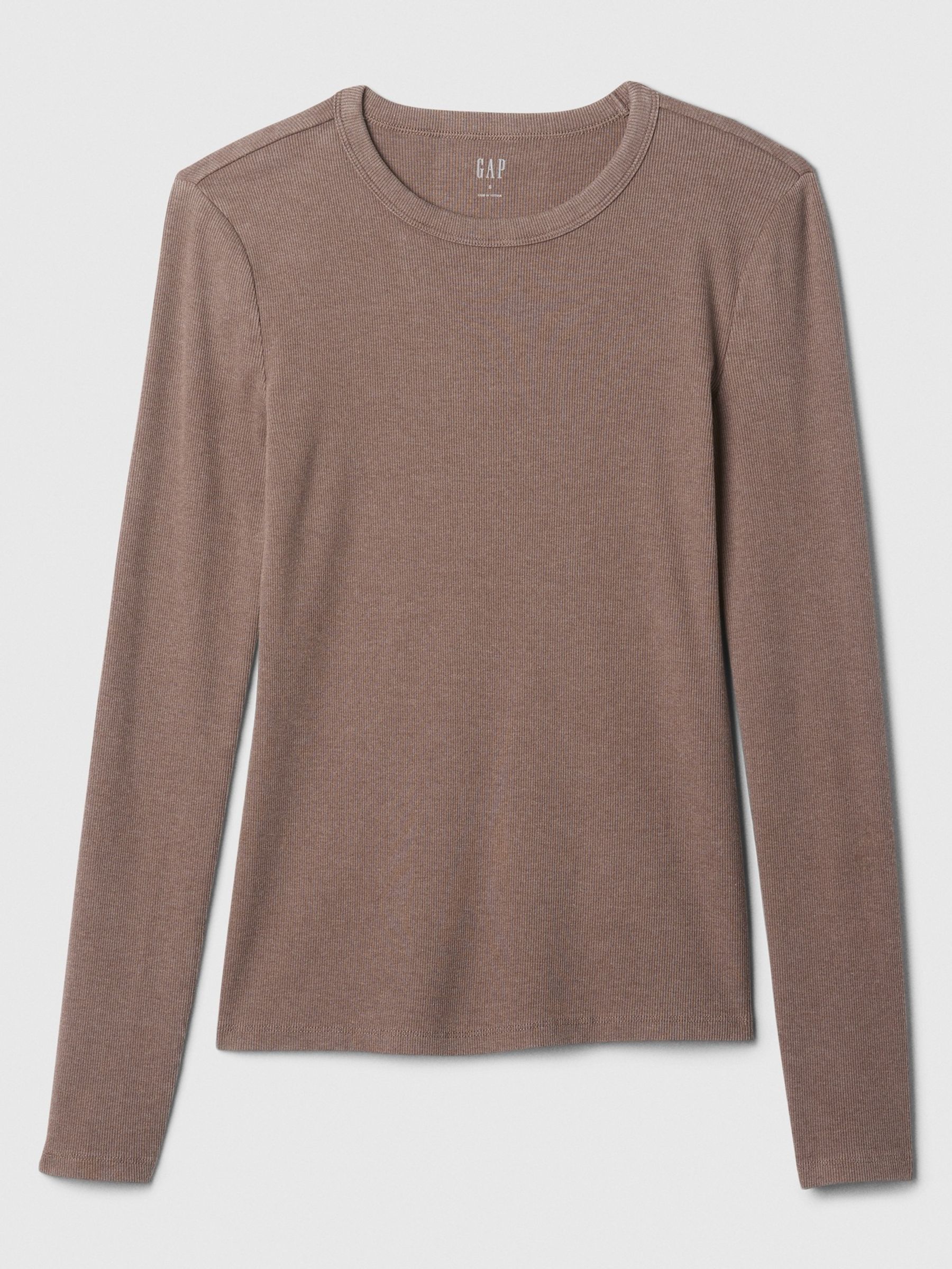 Brown Ribbed Long Sleeve Crew Neck T-Shirt - Image 5 of 5