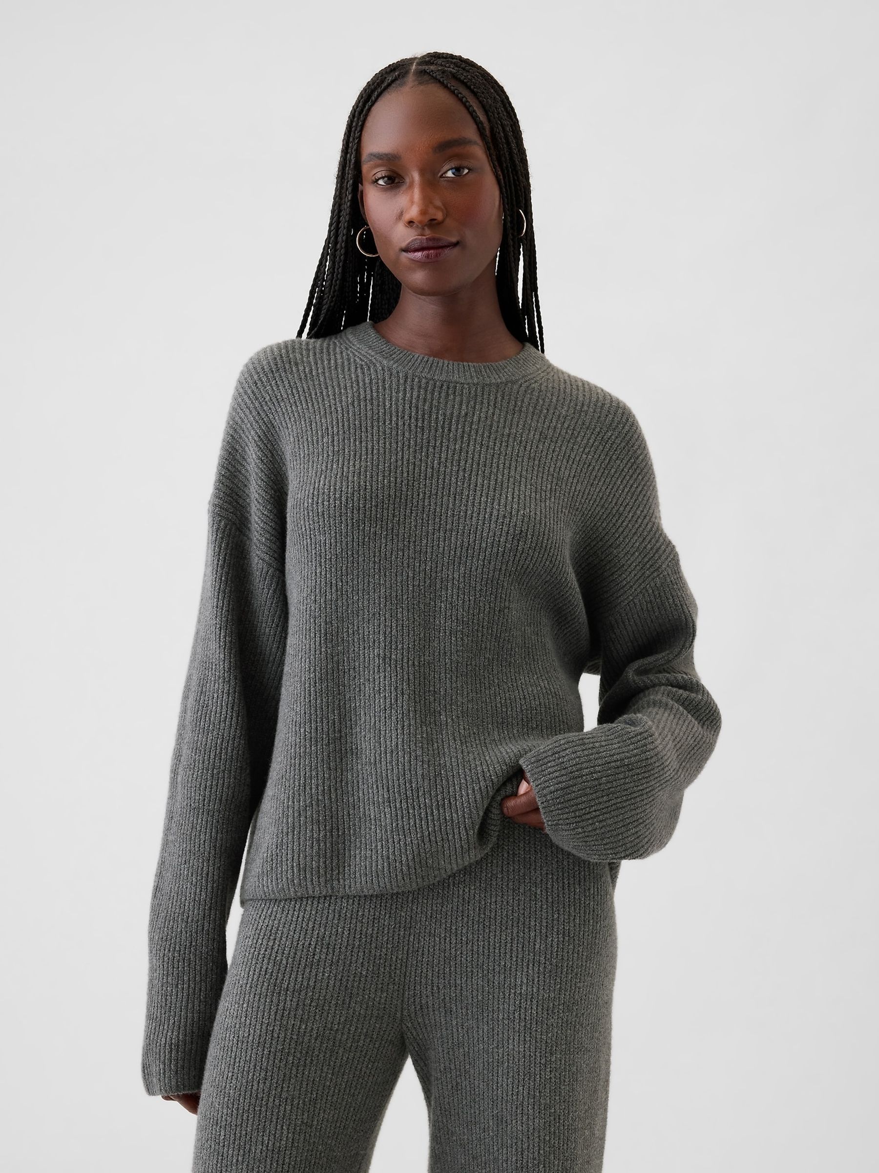 Grey CashSoft Oversized Shaker-Stitch Crew Neck Jumper - Image 1 of 5
