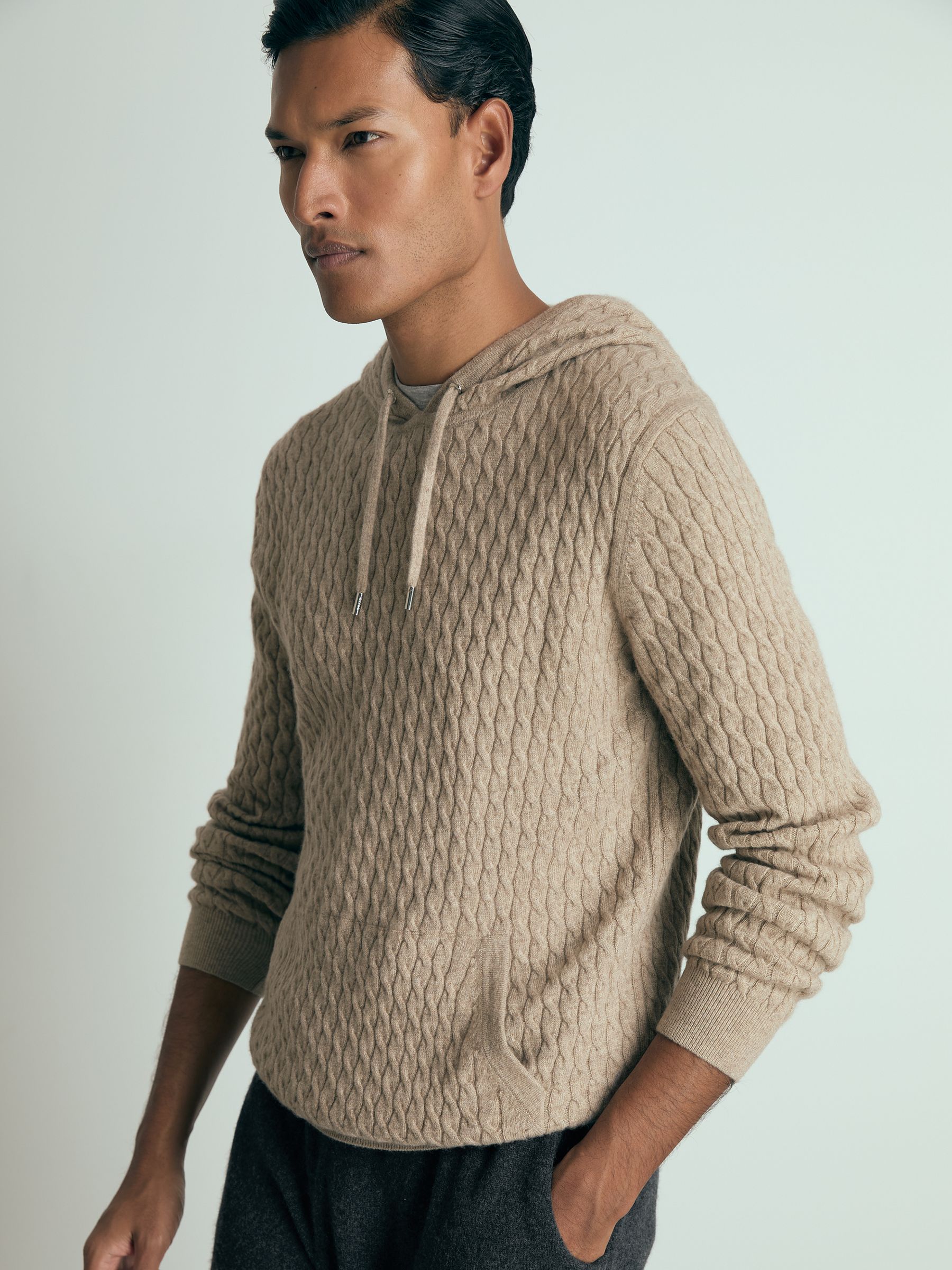 Atelier Cabled-Cashmere Hoodie in Soft Brown Melange - Image 1 of 5