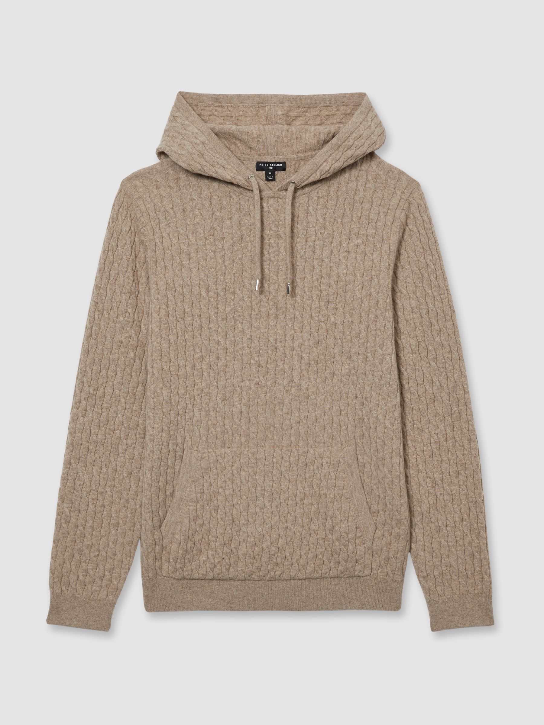 Reiss Atelier Cabled-Cashmere Hoodie in Soft Brown Melange - REISS