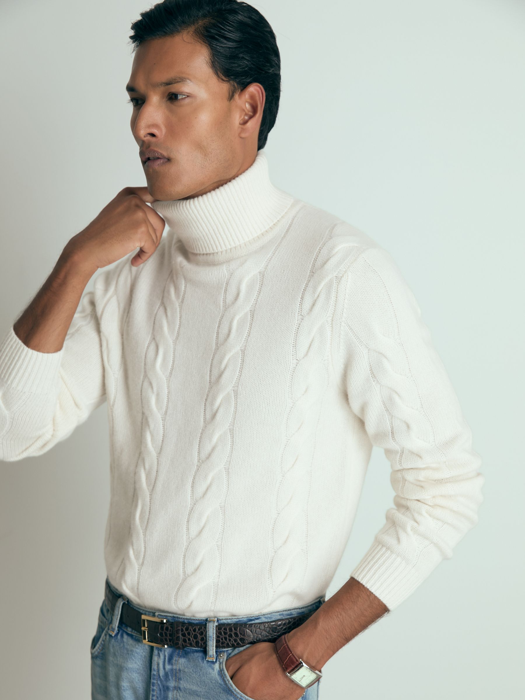 Atelier Cabled-Cashmere Roll-Neck Jumper in White - Image 4 of 6