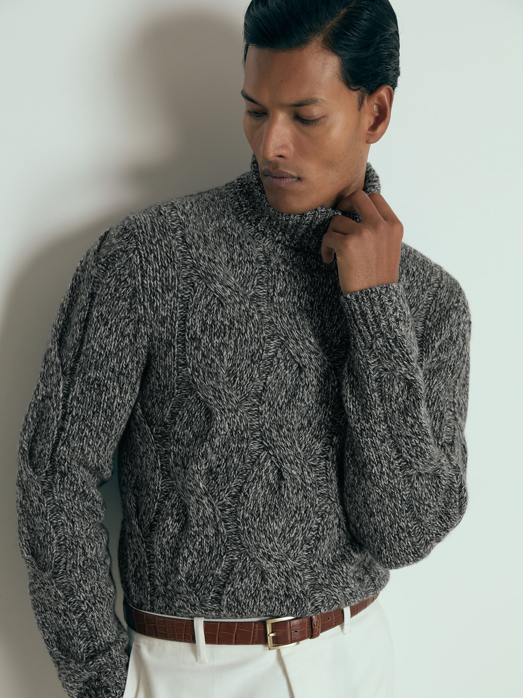 Atelier Cabled-Cashmere Roll-Neck Jumper in Black/White - Image 1 of 6