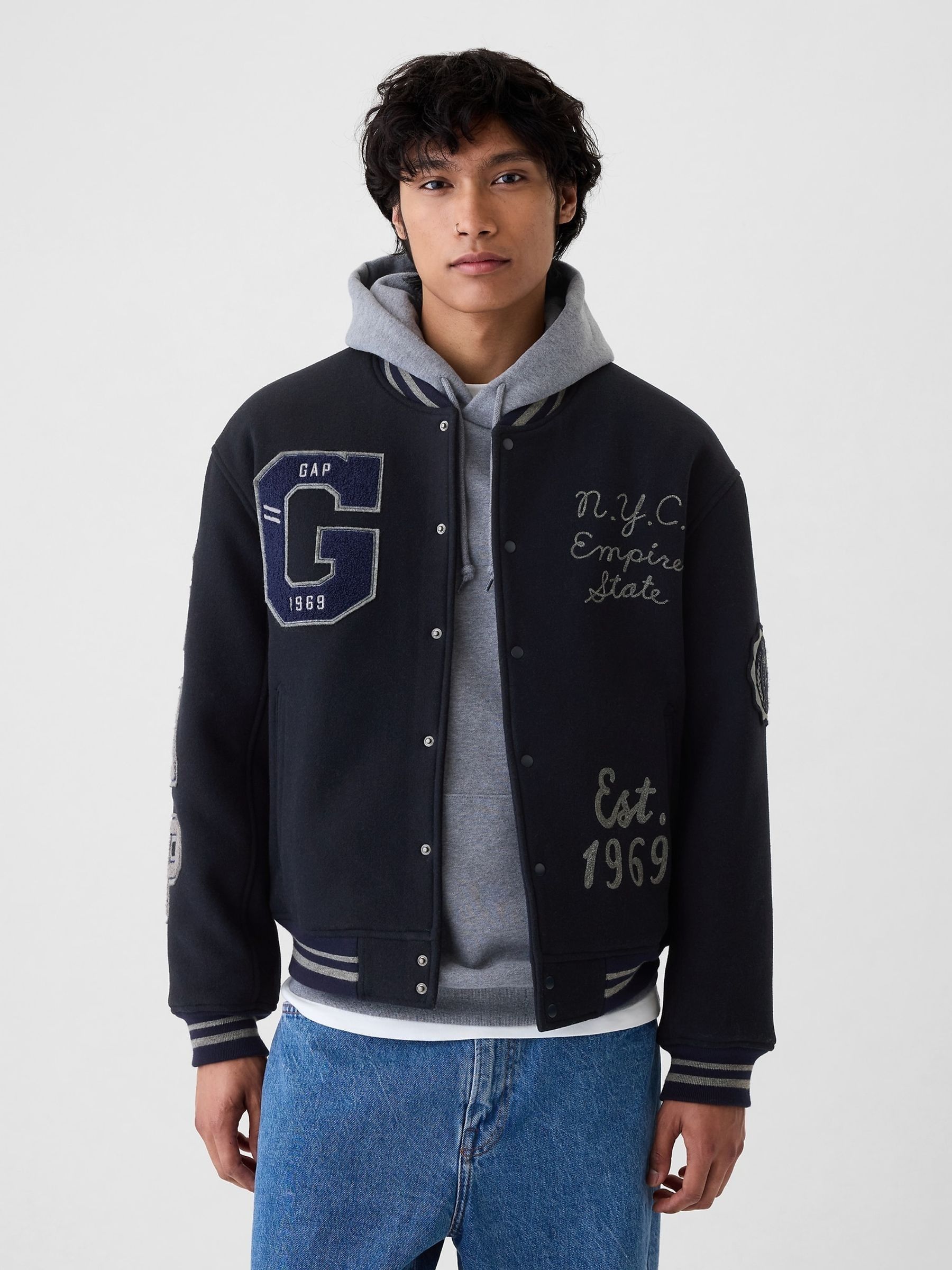 Blue Wool Blend Logo Varsity Bomber Jacket | Gap