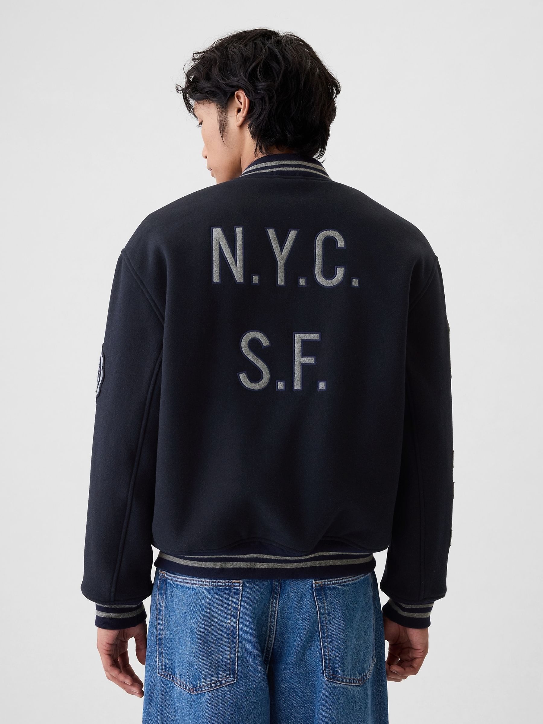 Blue Wool Blend Logo Varsity Bomber Jacket - Image 2 of 10