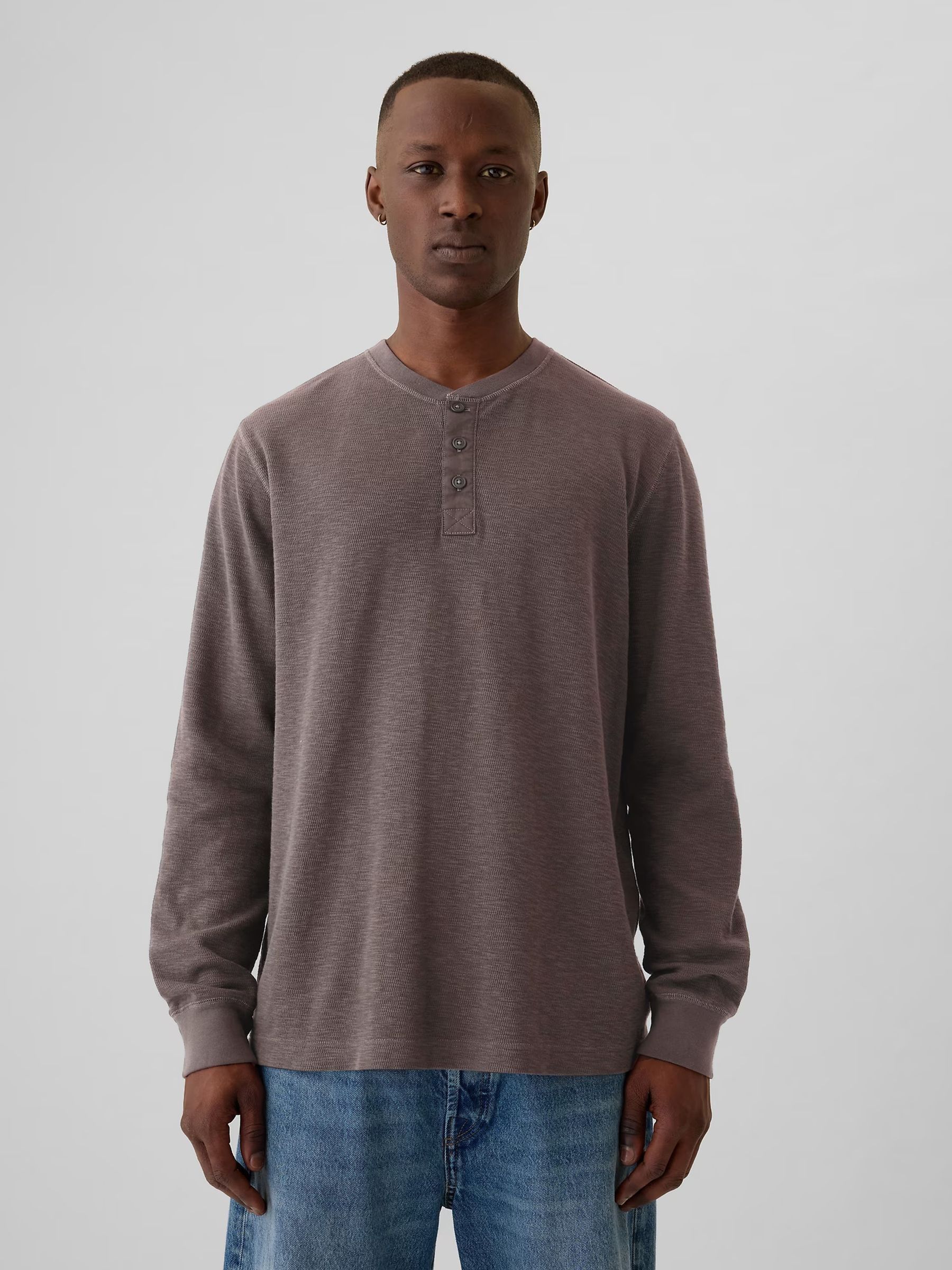 Brown Waffle 100% Cotton Henley T-Shirt - Image 1 of 5