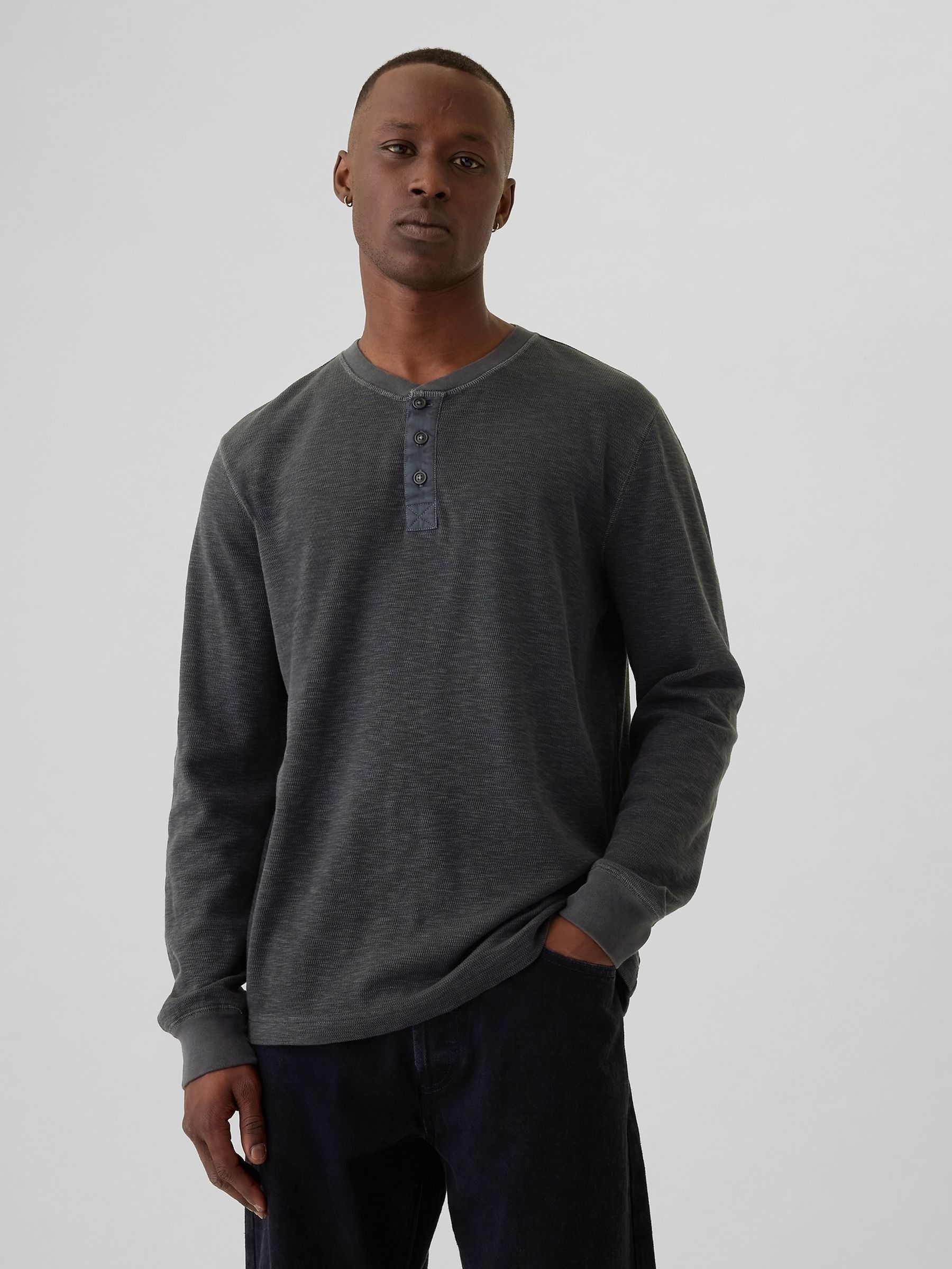 Black Waffle 100% Cotton Henley T-Shirt - Image 1 of 5