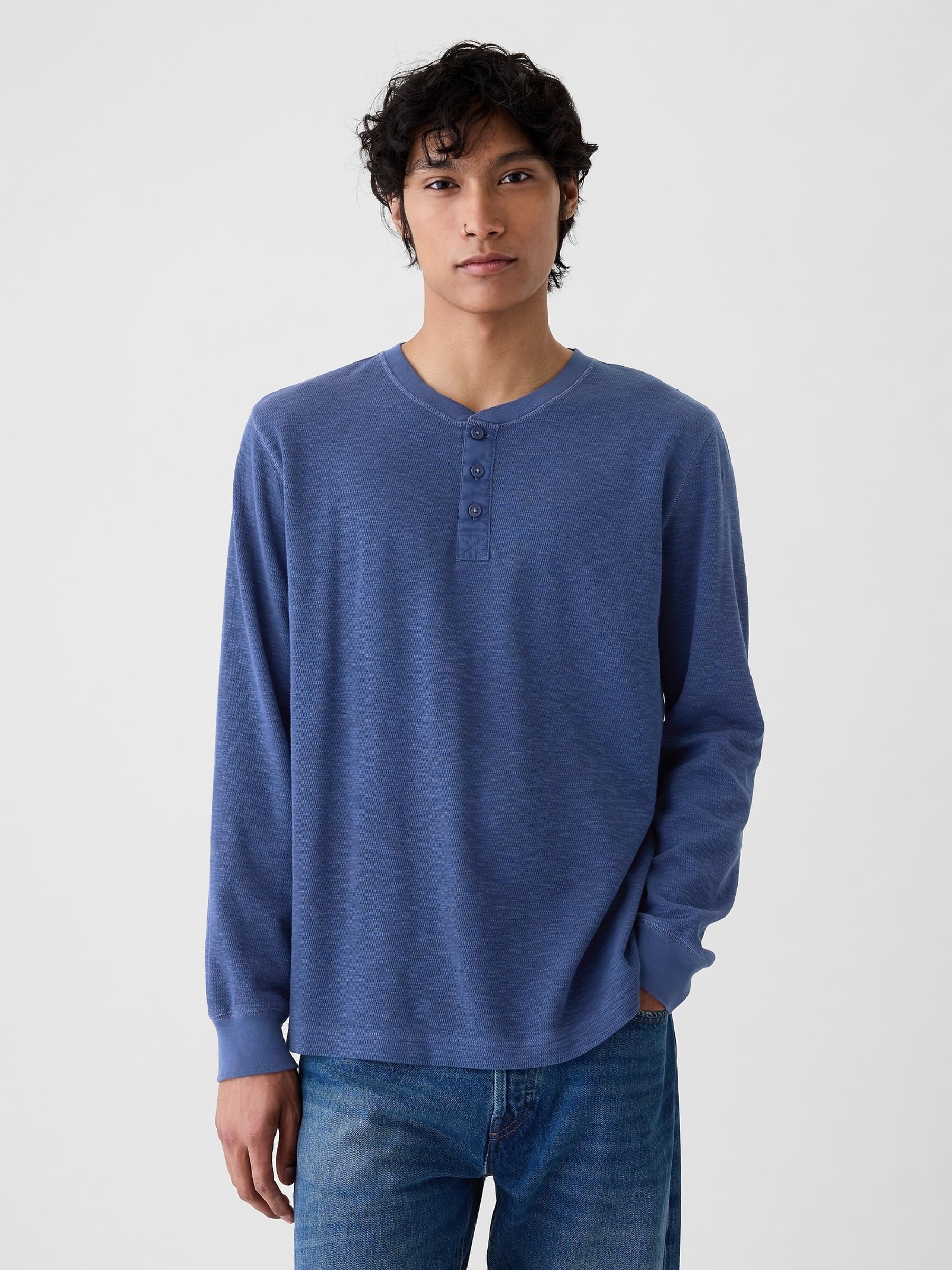 Blue Waffle 100% Cotton Henley T-Shirt - Image 1 of 5