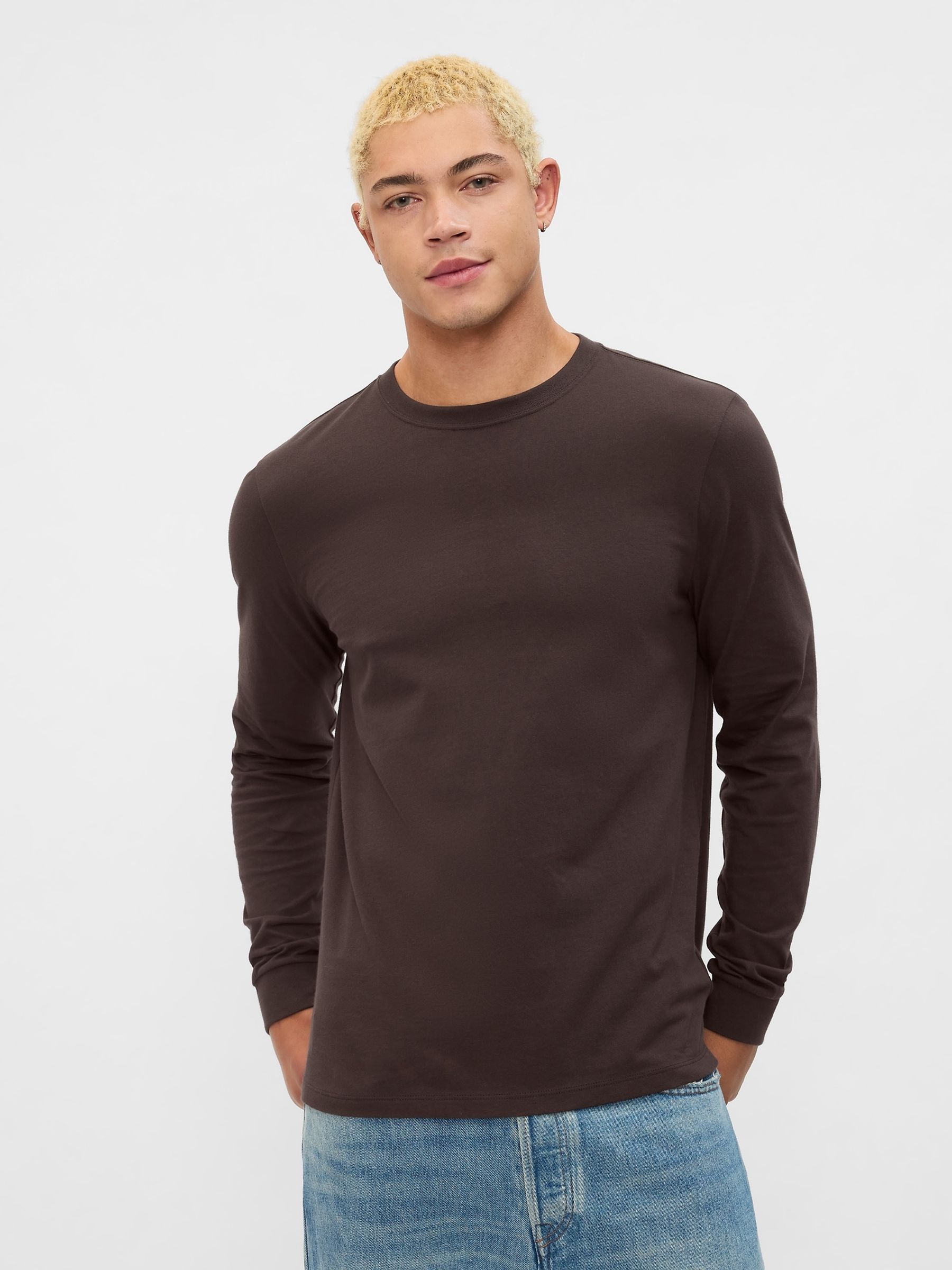 Brown Long Sleeve Everyday 100% Cotton Crew Neck Long Sleeve T-Shirt - Image 1 of 4