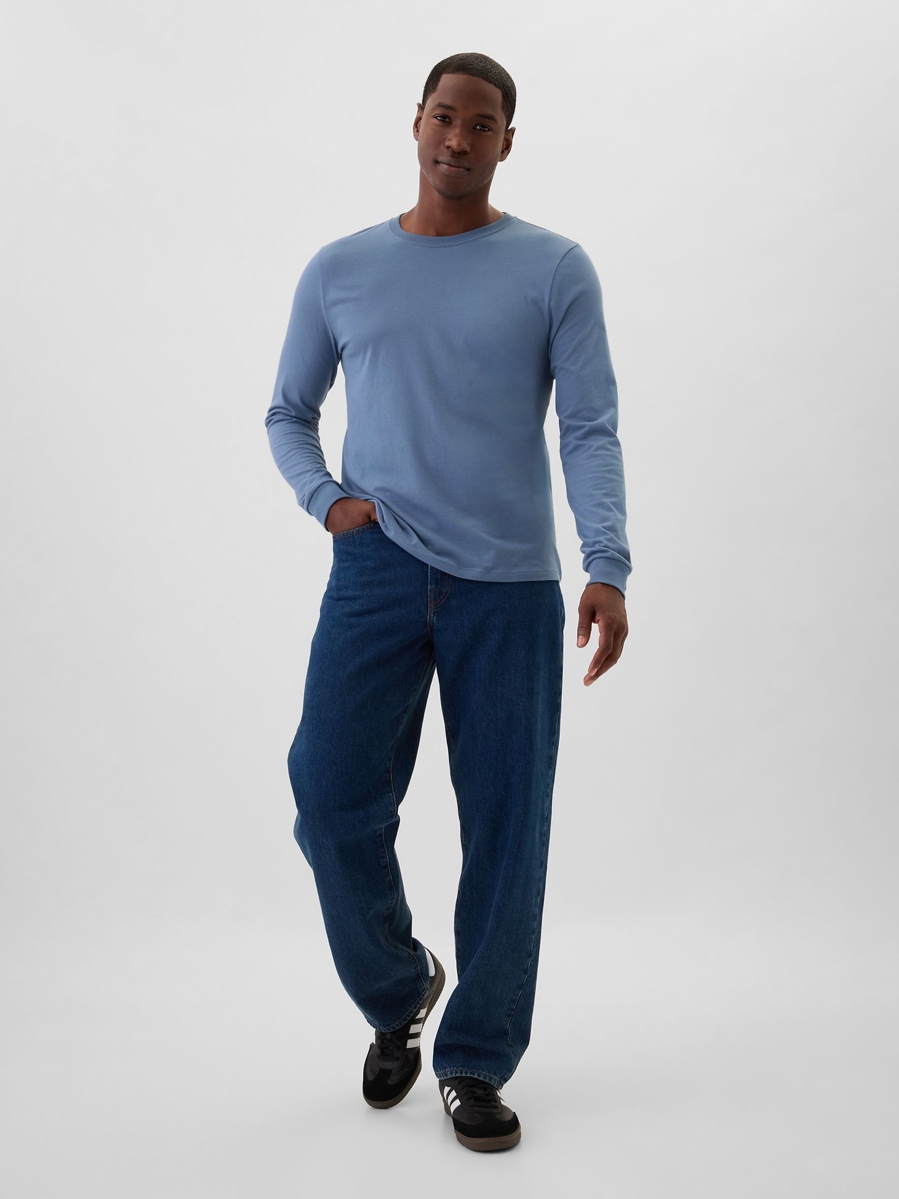 Blue Long Sleeve Everyday 100% Cotton Crew Neck T-Shirt - Image 3 of 4