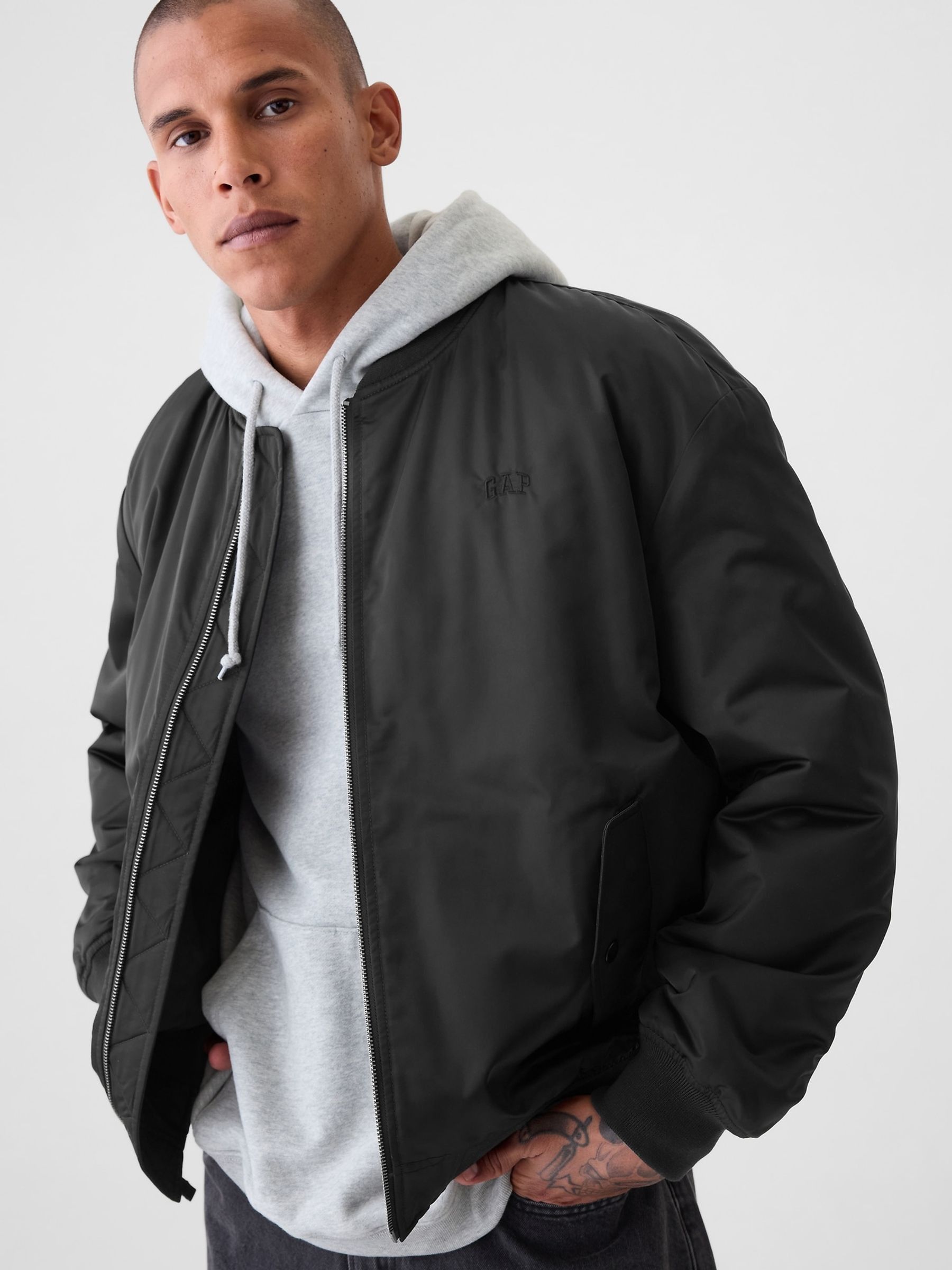 Black Relaxed Logo Bomber Jacket | Gap