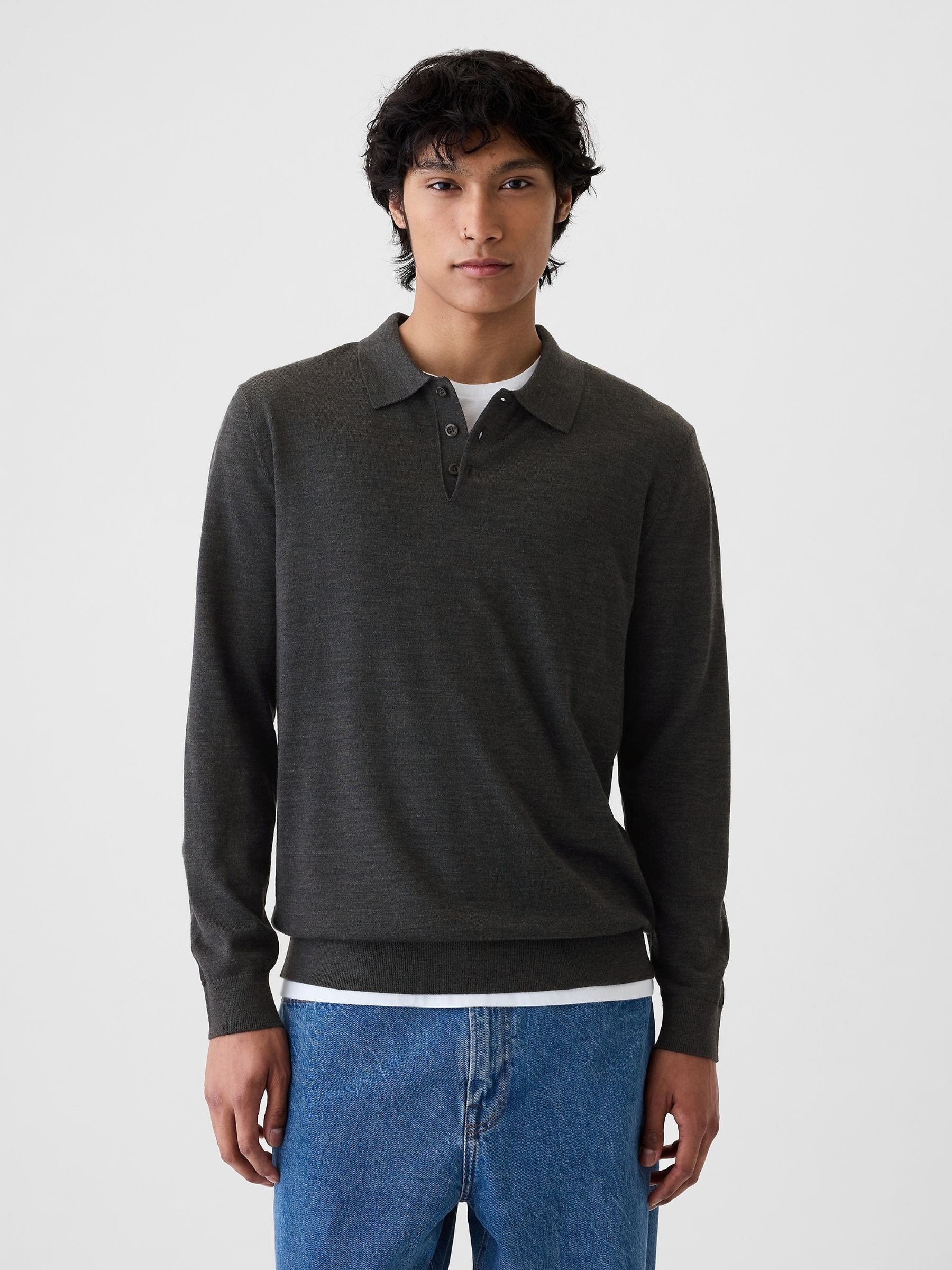 Grey Merino Wool Polo Jumper Gap