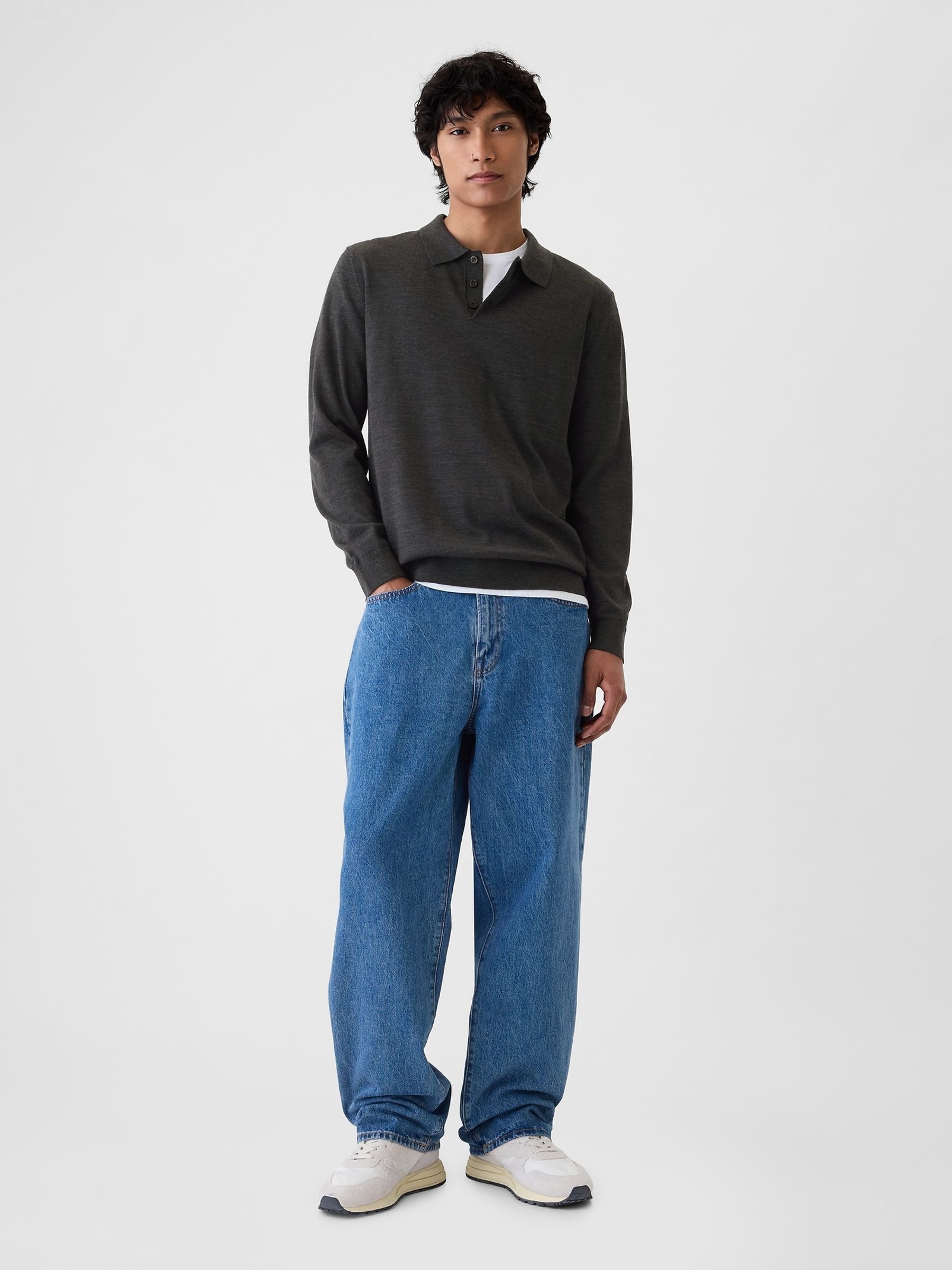 Grey Merino Wool Polo Jumper - Image 3 of 5