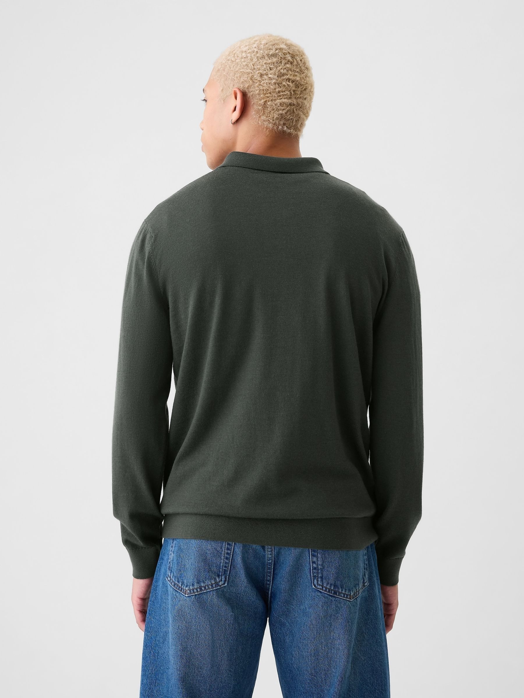 Green Merino Wool Polo Jumper - Image 2 of 5