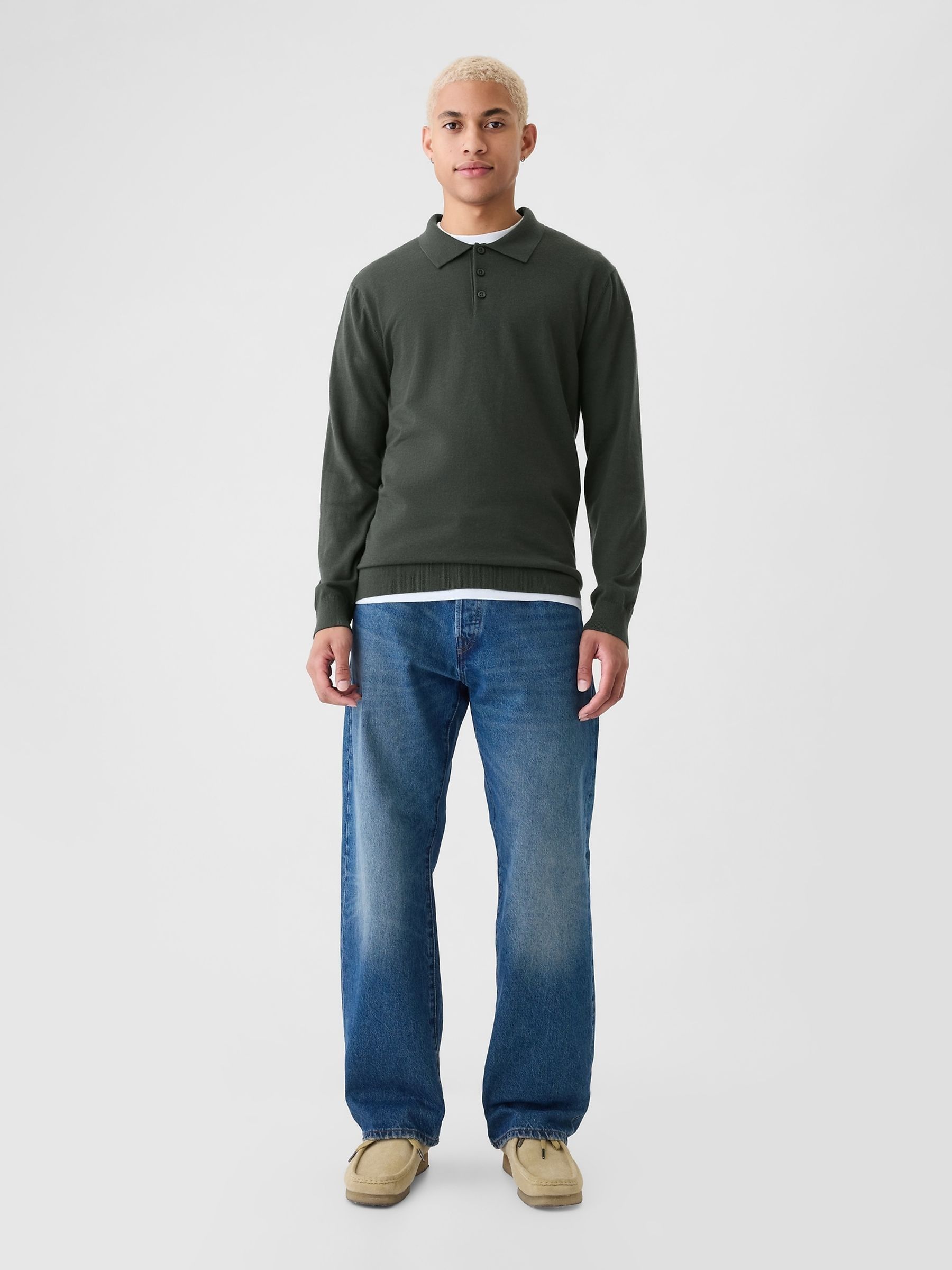 Green Merino Wool Polo Jumper - Image 3 of 5