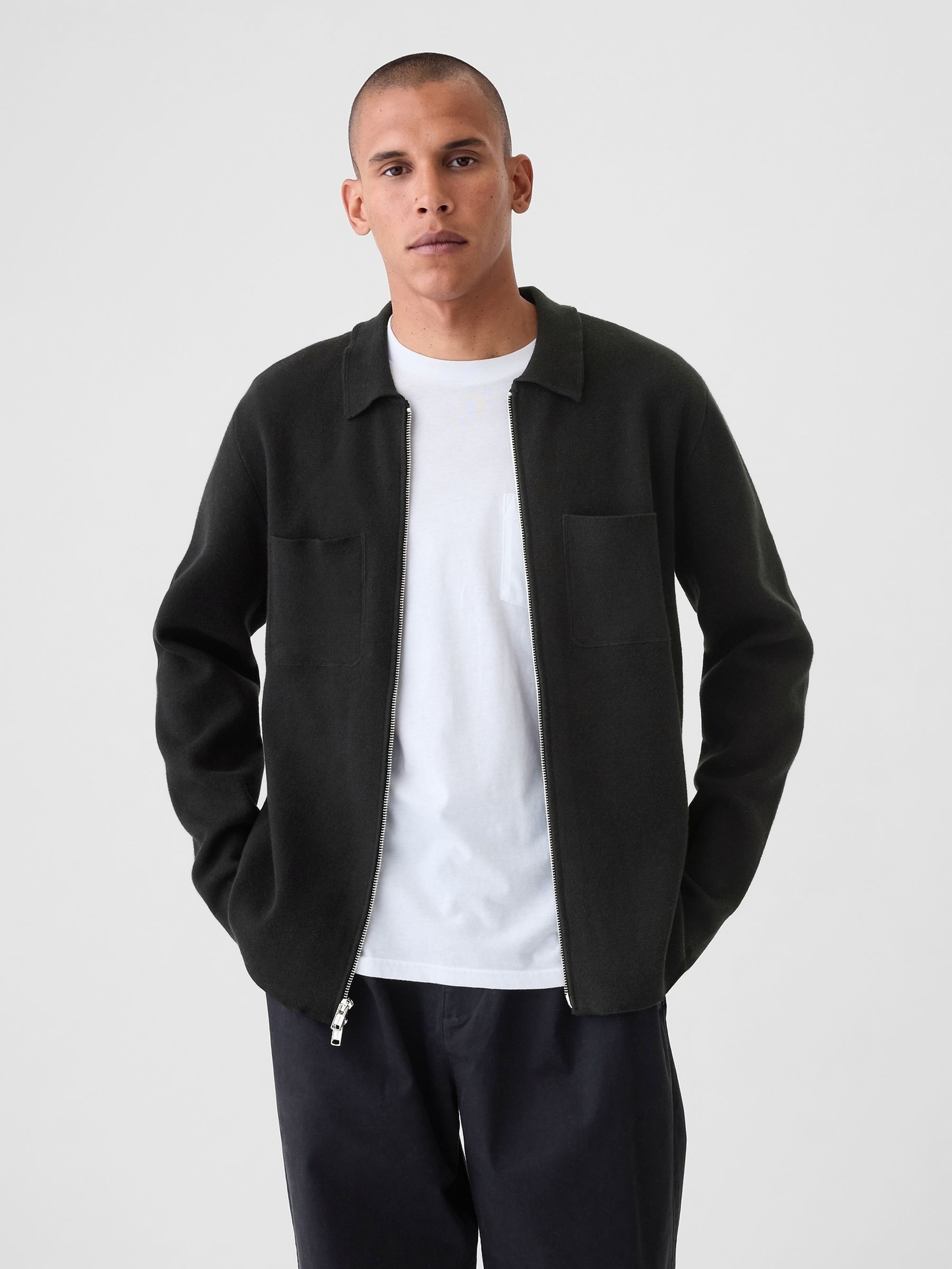 Black Zip Up Knit Bomber Jacket - Image 1 of 5
