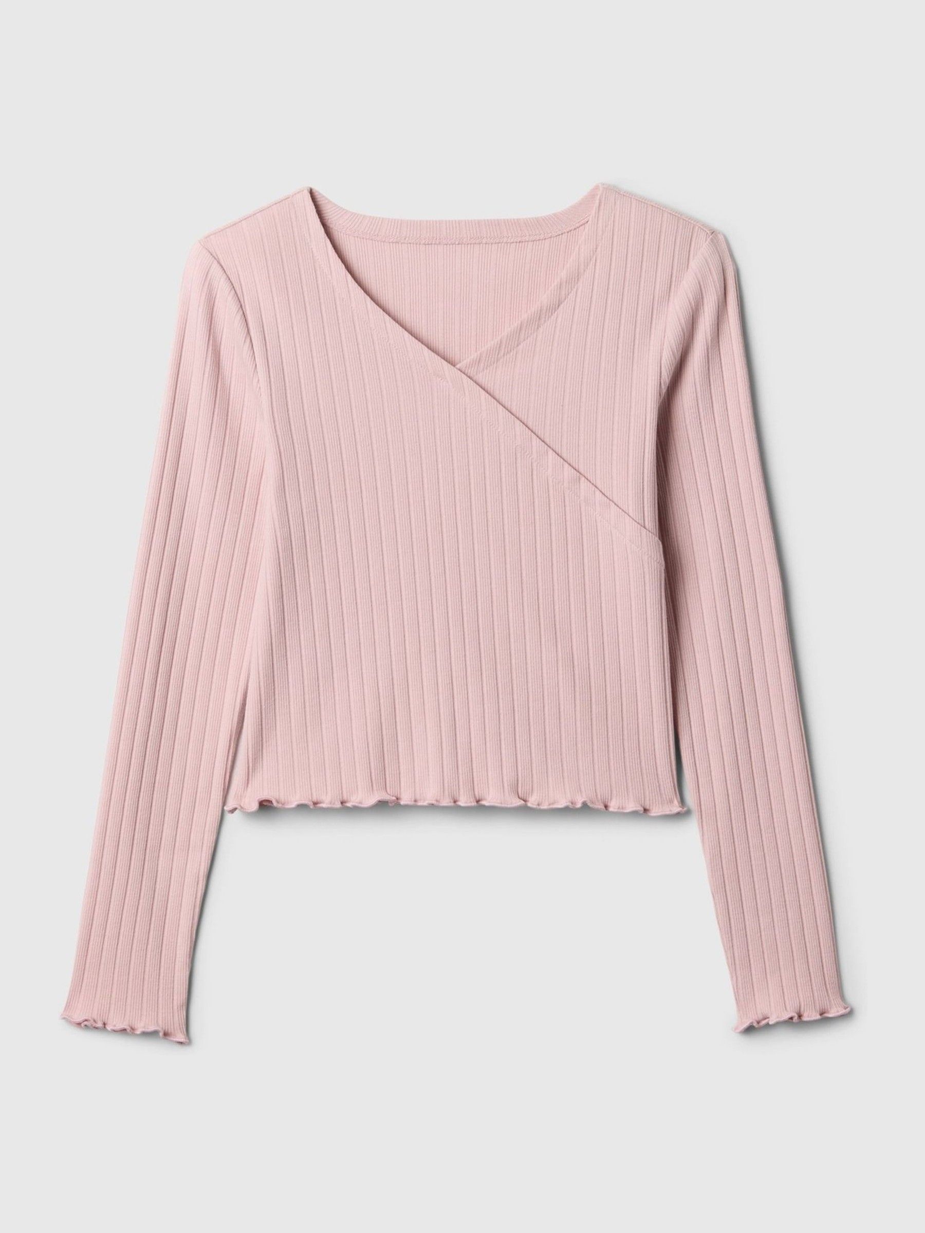 Pink V-Neck Ribbed Long Sleeve Wrap Top (4-13yrs) - Image 1 of 1