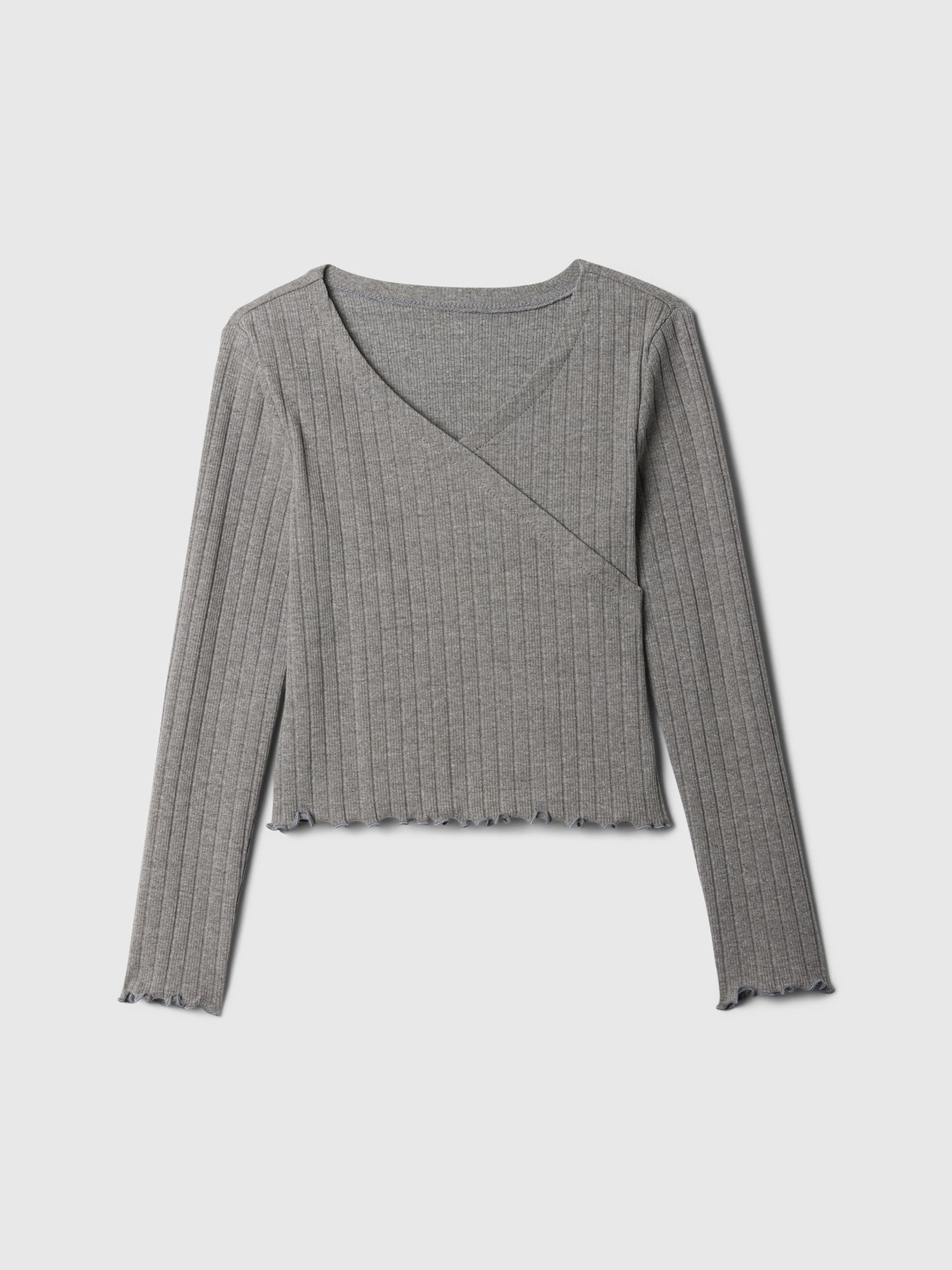 Grey V-Neck Ribbed Long Sleeve Wrap Top (4-13yrs) - Image 1 of 3
