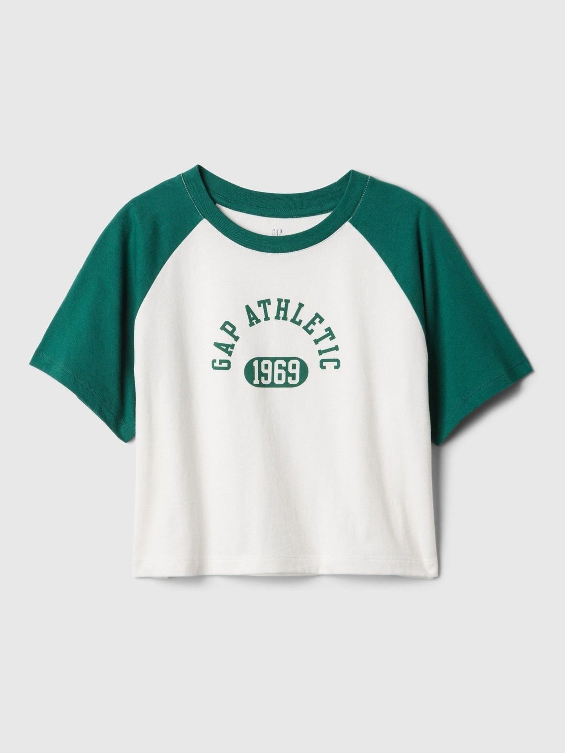 送料無料 百貨店 Raglan Relaxed White/Green T-Shirt Gap | (4-13yrs) トップス