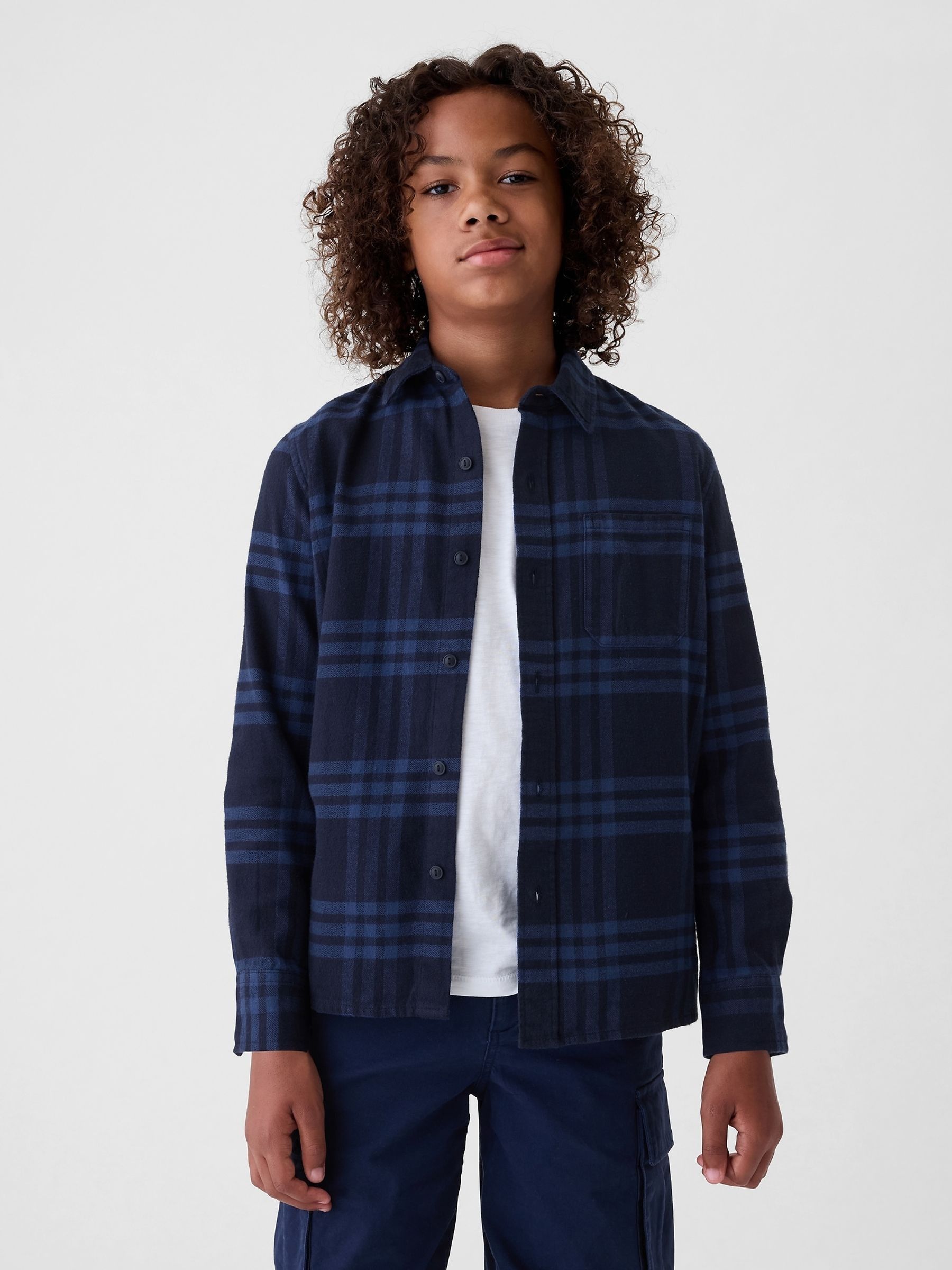 Navy/Blue Check Organic Cotton Flannel Shirt (4-13yrs) - Image 1 of 5