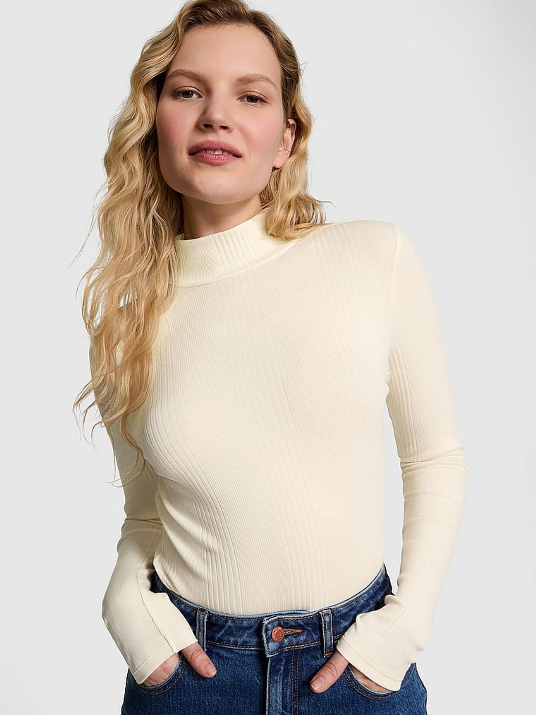White Shell Ribbed Mock Neck Long Sleeve T-Shirt - Image 1 of 4