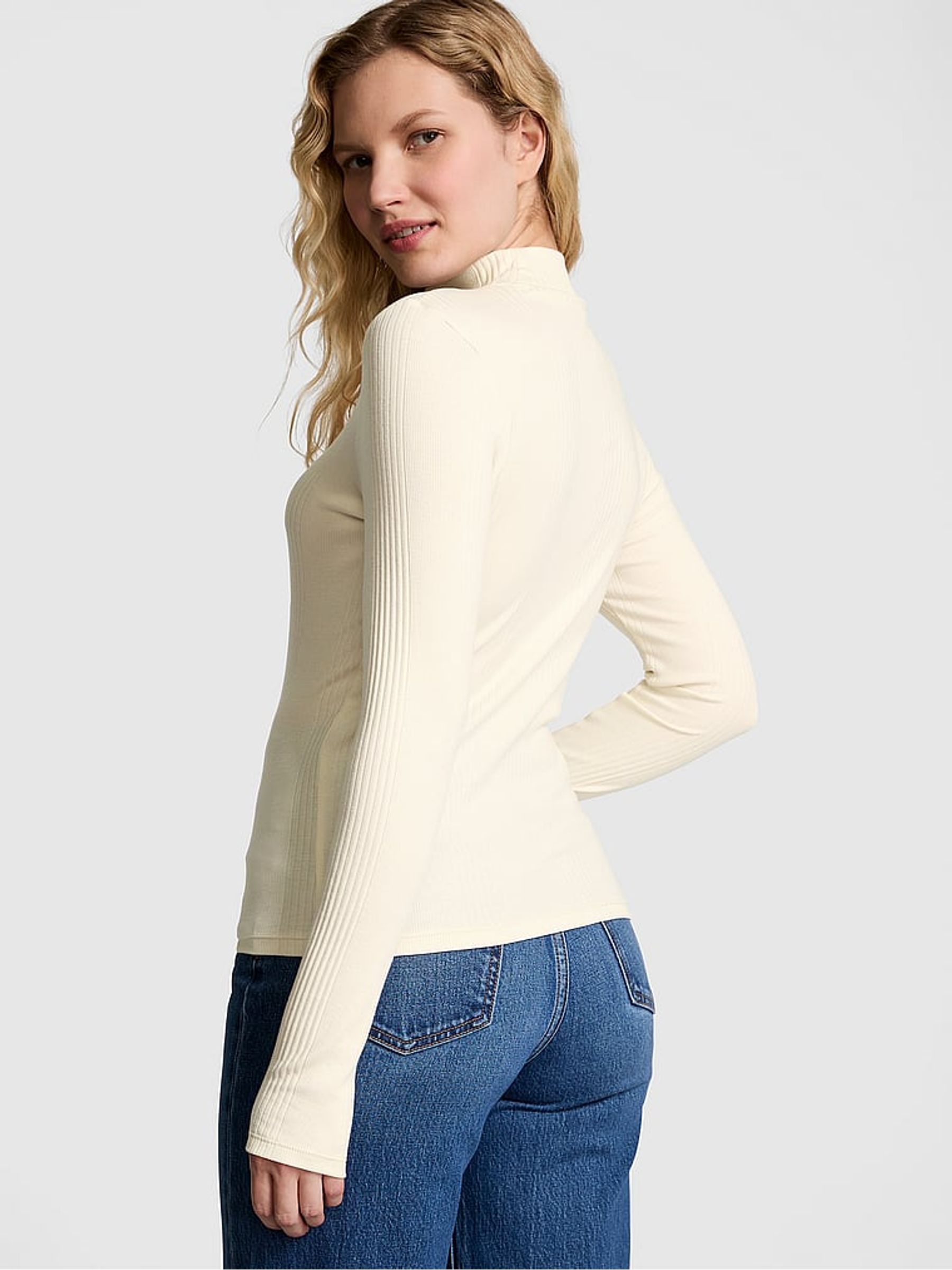 White Shell Ribbed Mock Neck Long Sleeve T-Shirt - Image 2 of 4
