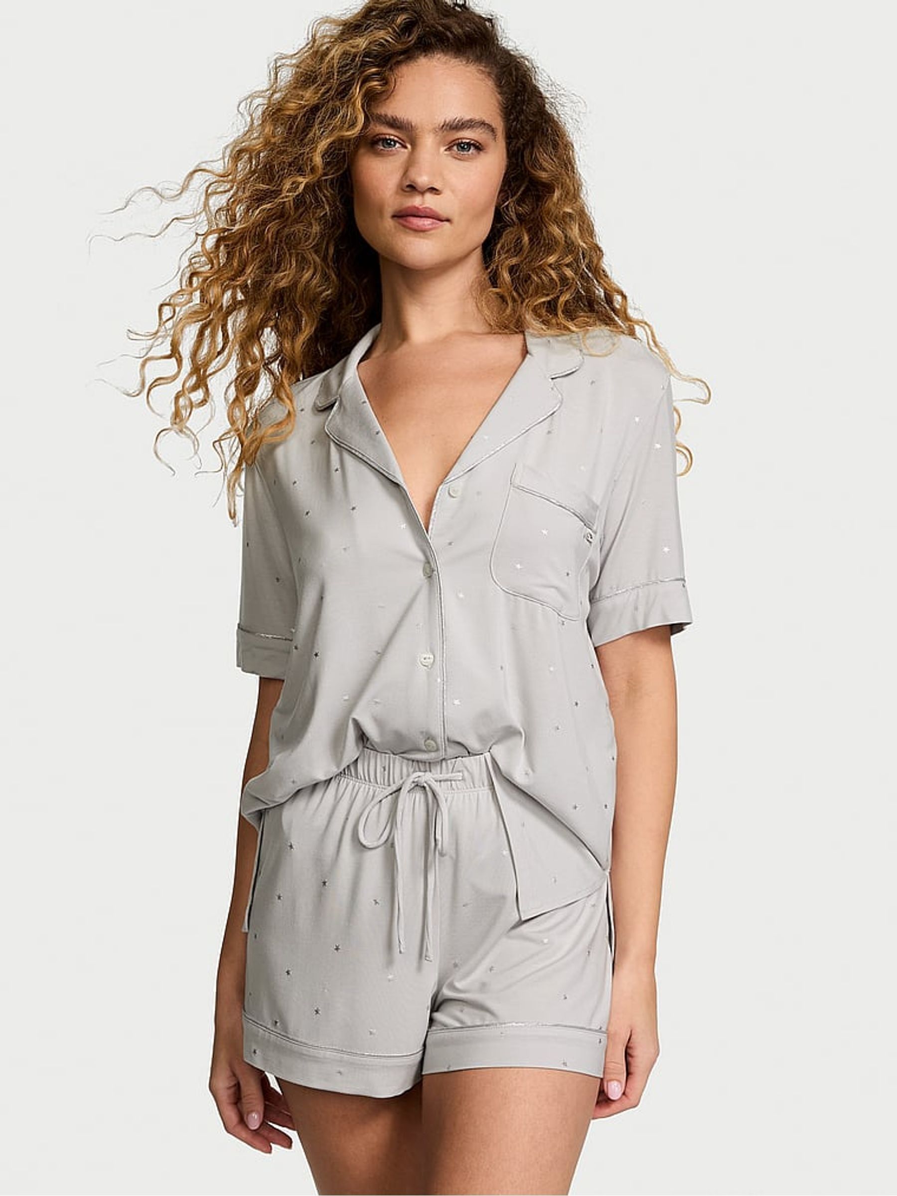 Silver Pearl Foil Stars Grey Modal Short Pyjama Set - Image 1 of 4