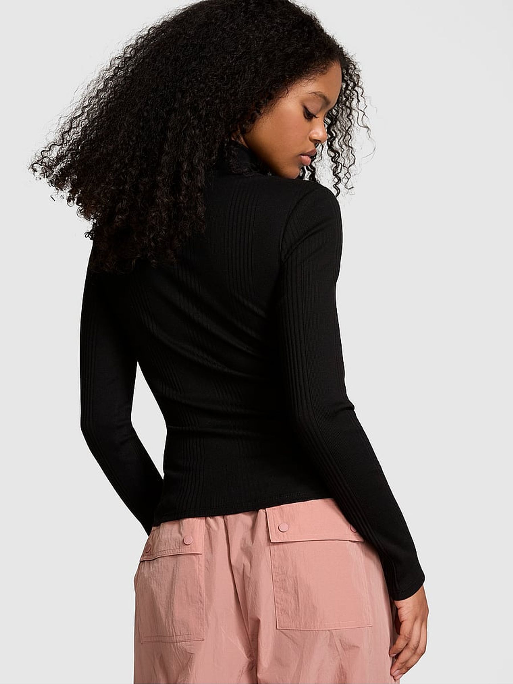 Black Ribbed Mock Neck Long Sleeve T-Shirt - Image 2 of 3