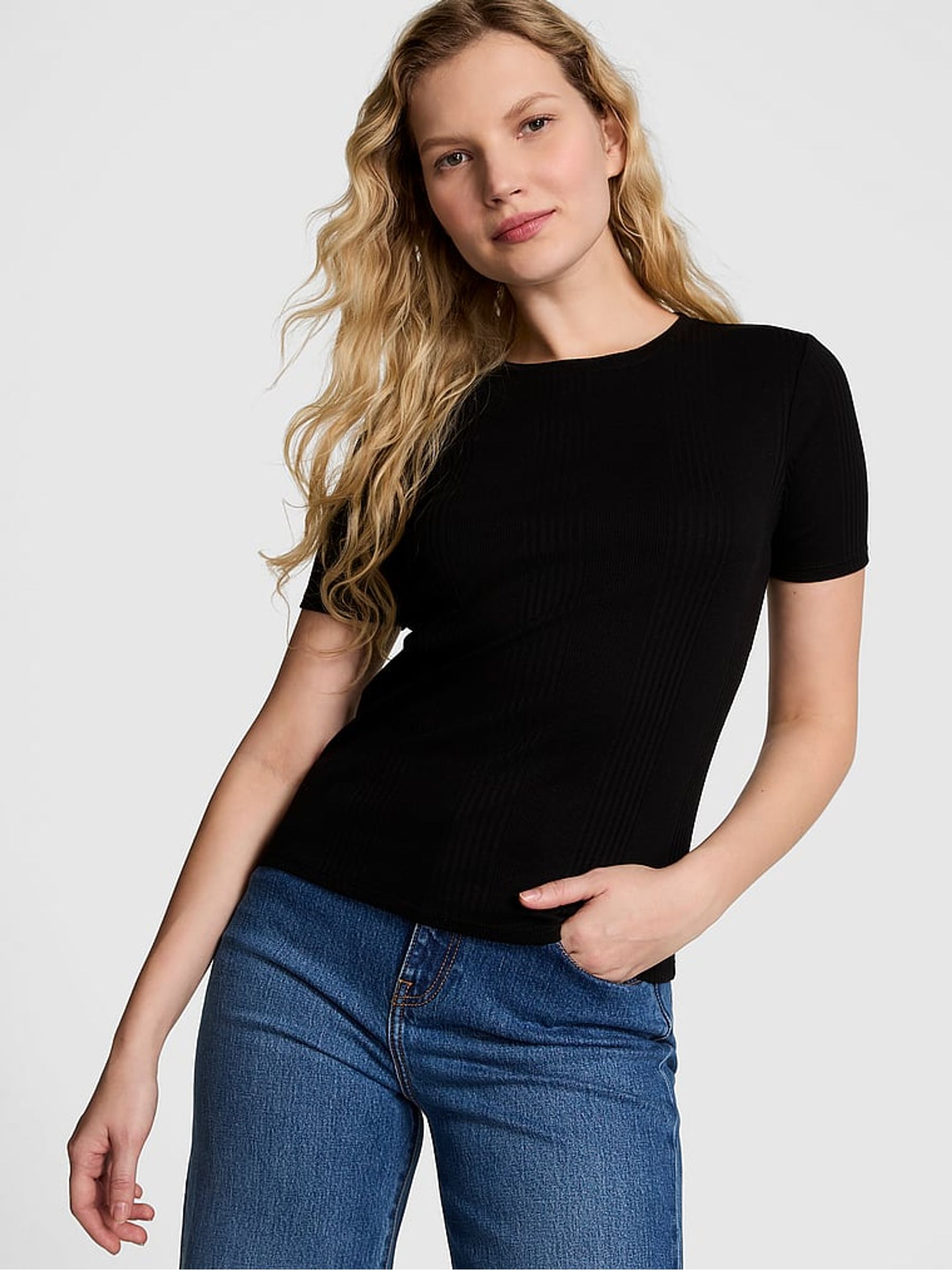 Black Ribbed Short Sleeve T-Shirt - Image 1 of 4