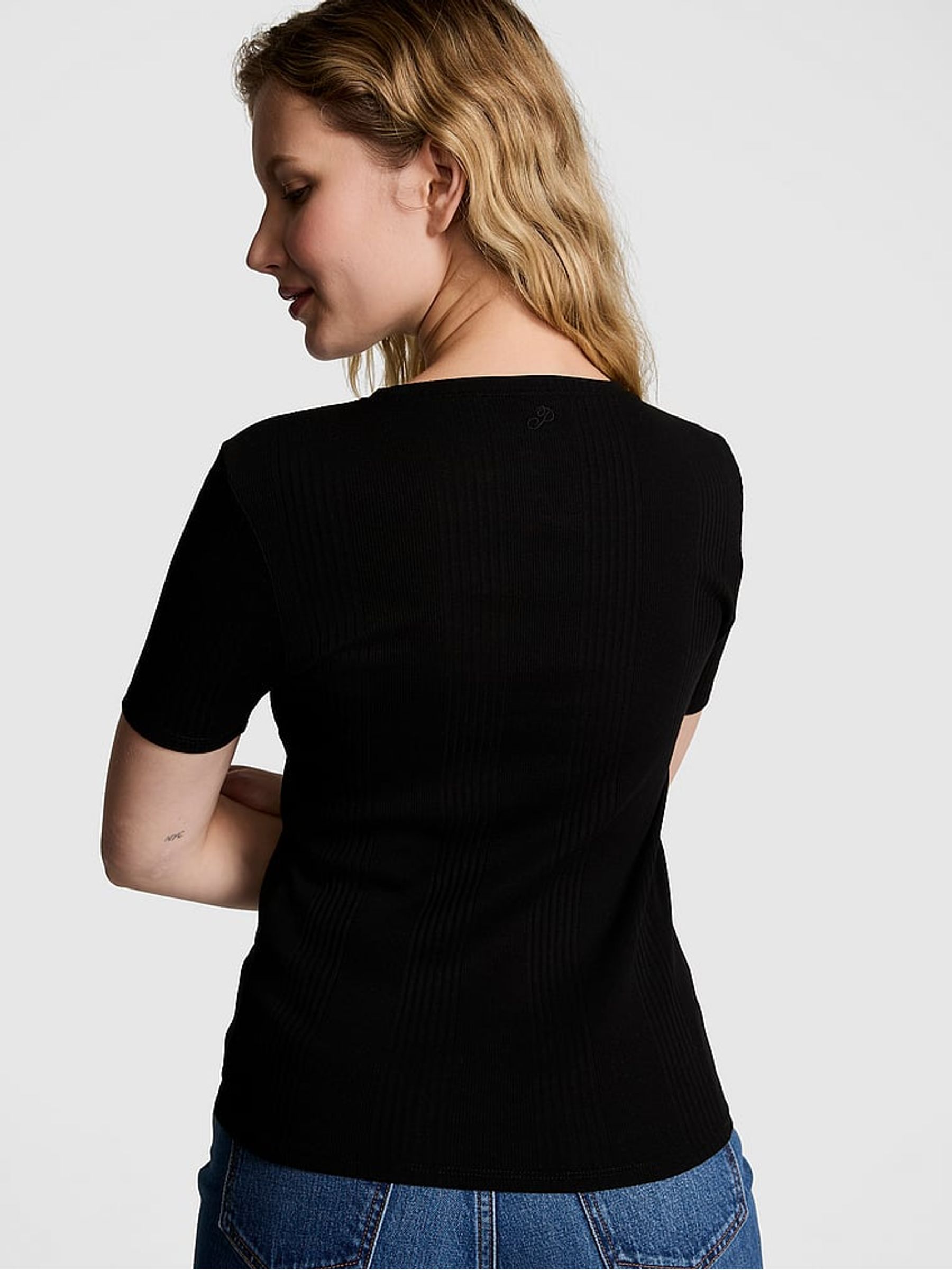 Black Ribbed Short Sleeve T-Shirt - Image 2 of 4