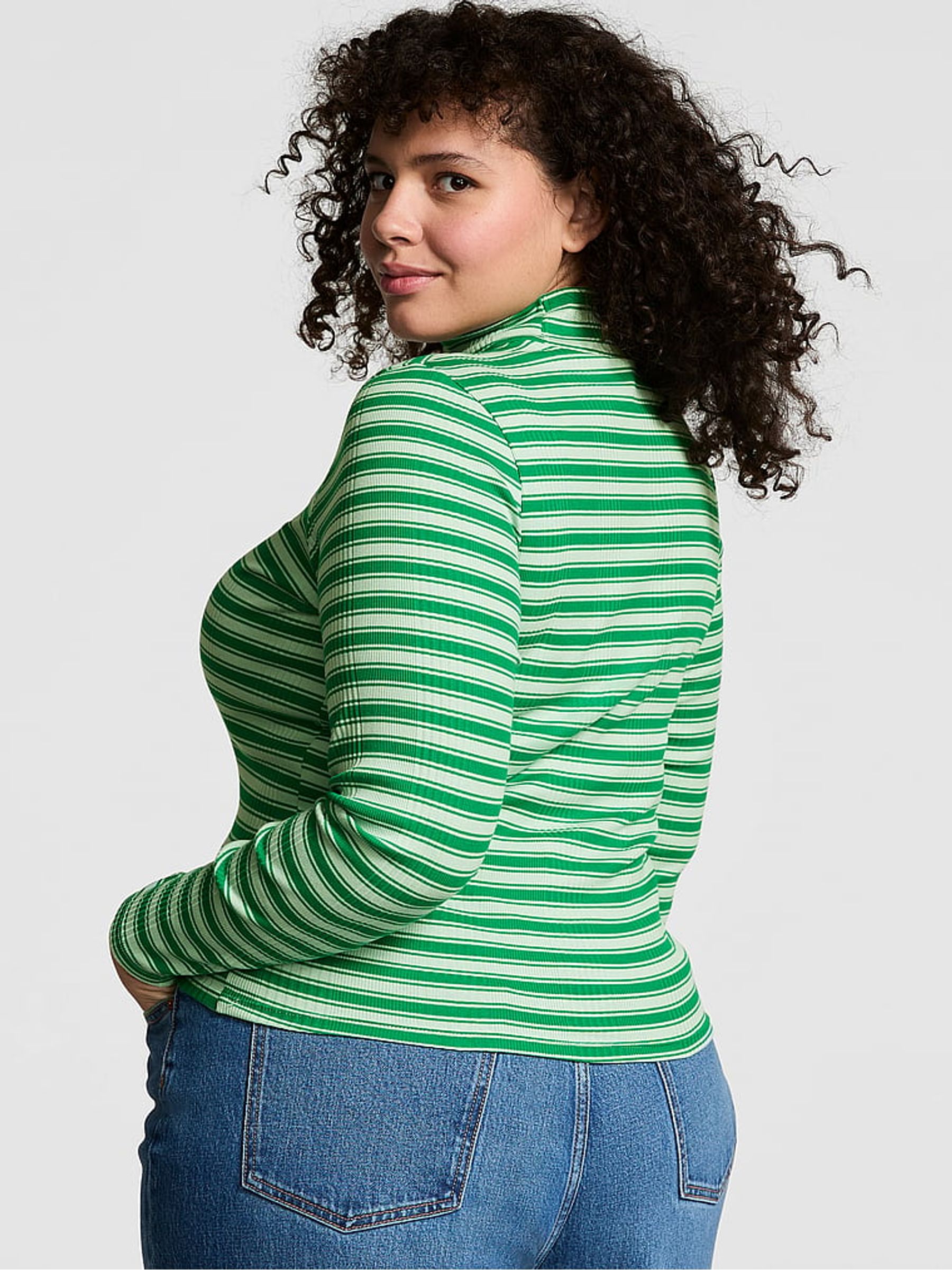 Verdant Green Stripe Ribbed Mock Neck Long Sleeve T-Shirt - Image 2 of 3